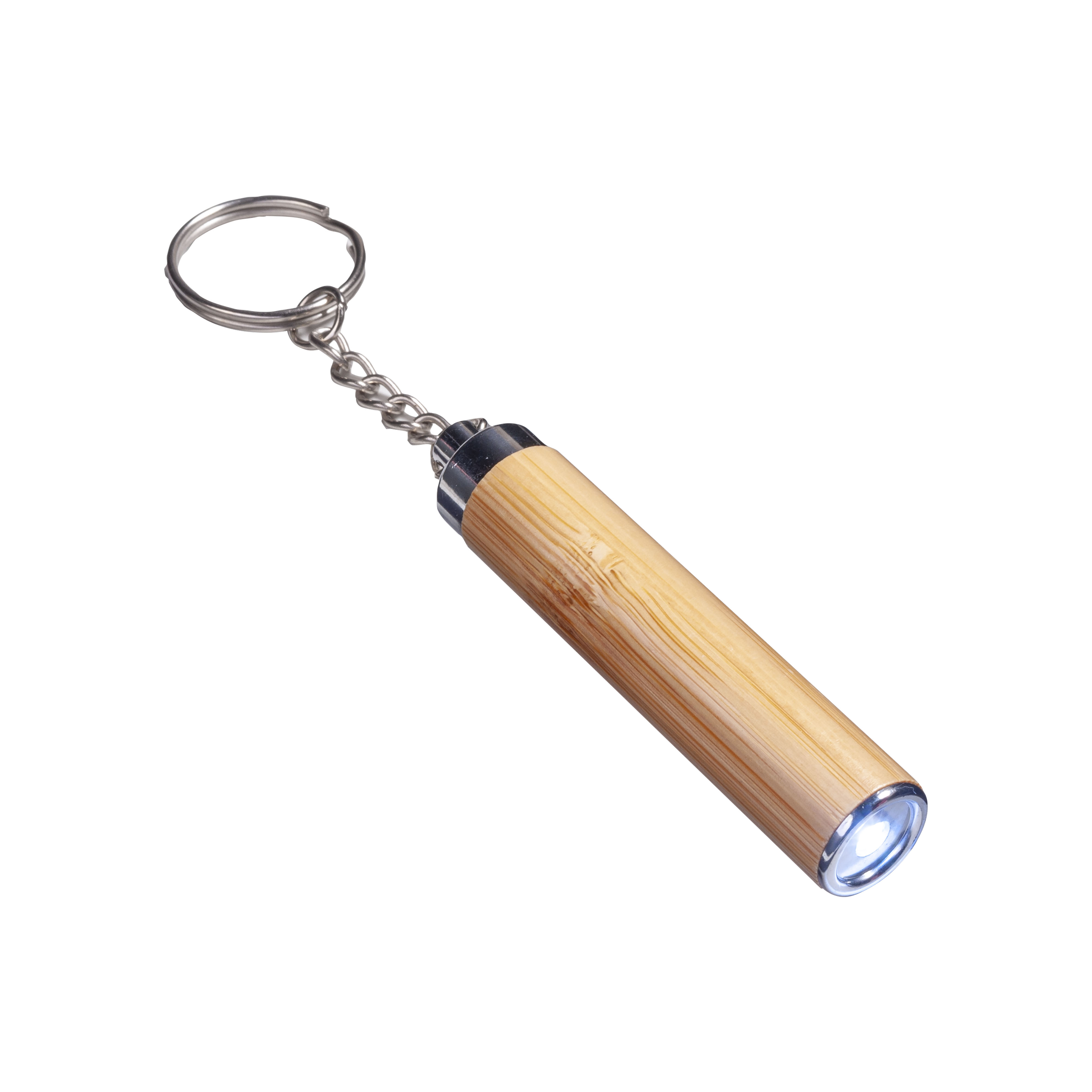 Bamboo LED flashlight with key ring, 3 LR41 batteries included Natural