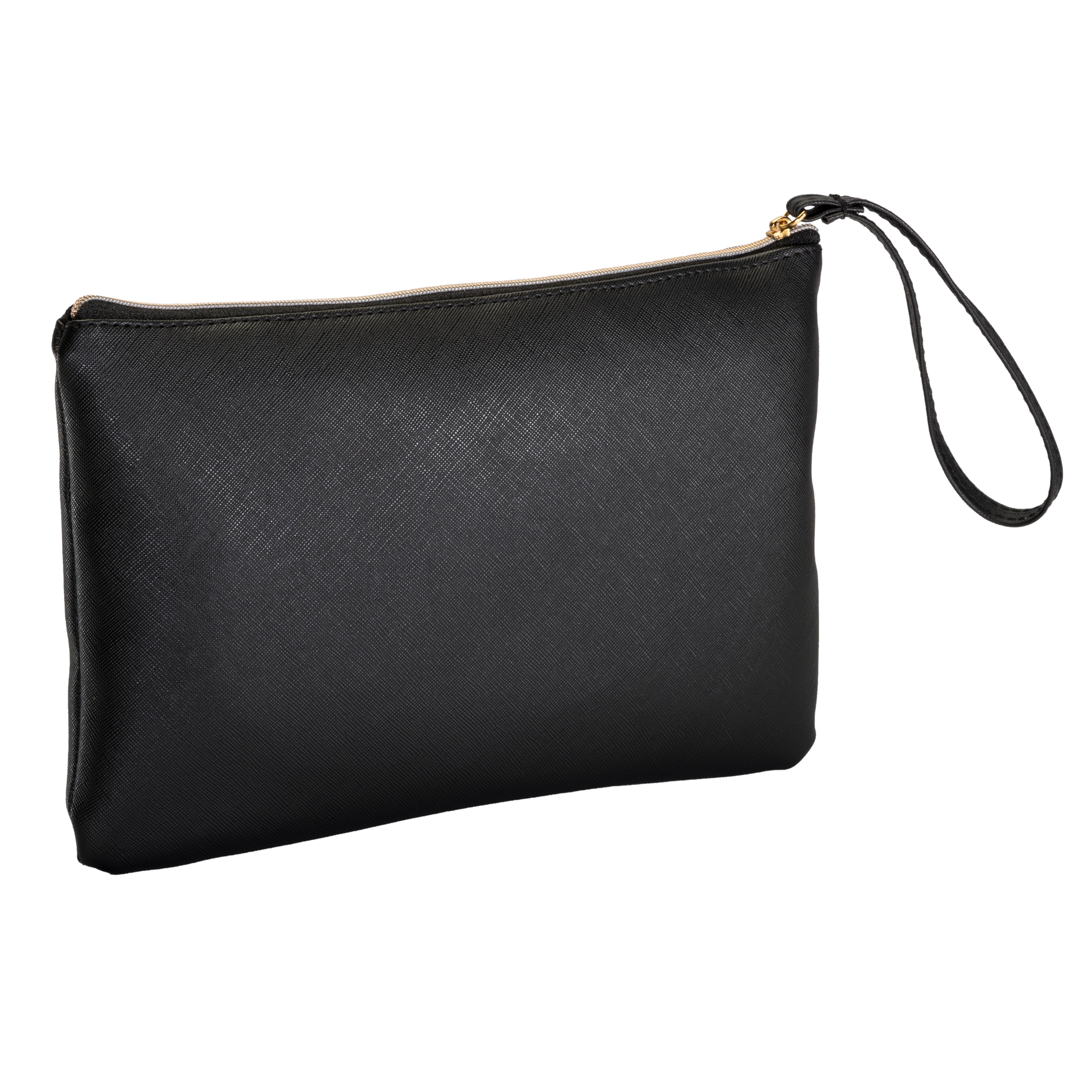 Multipurpose PU fine grain saffiano bag. Zipper closure, wrist strap and interior lining Black
