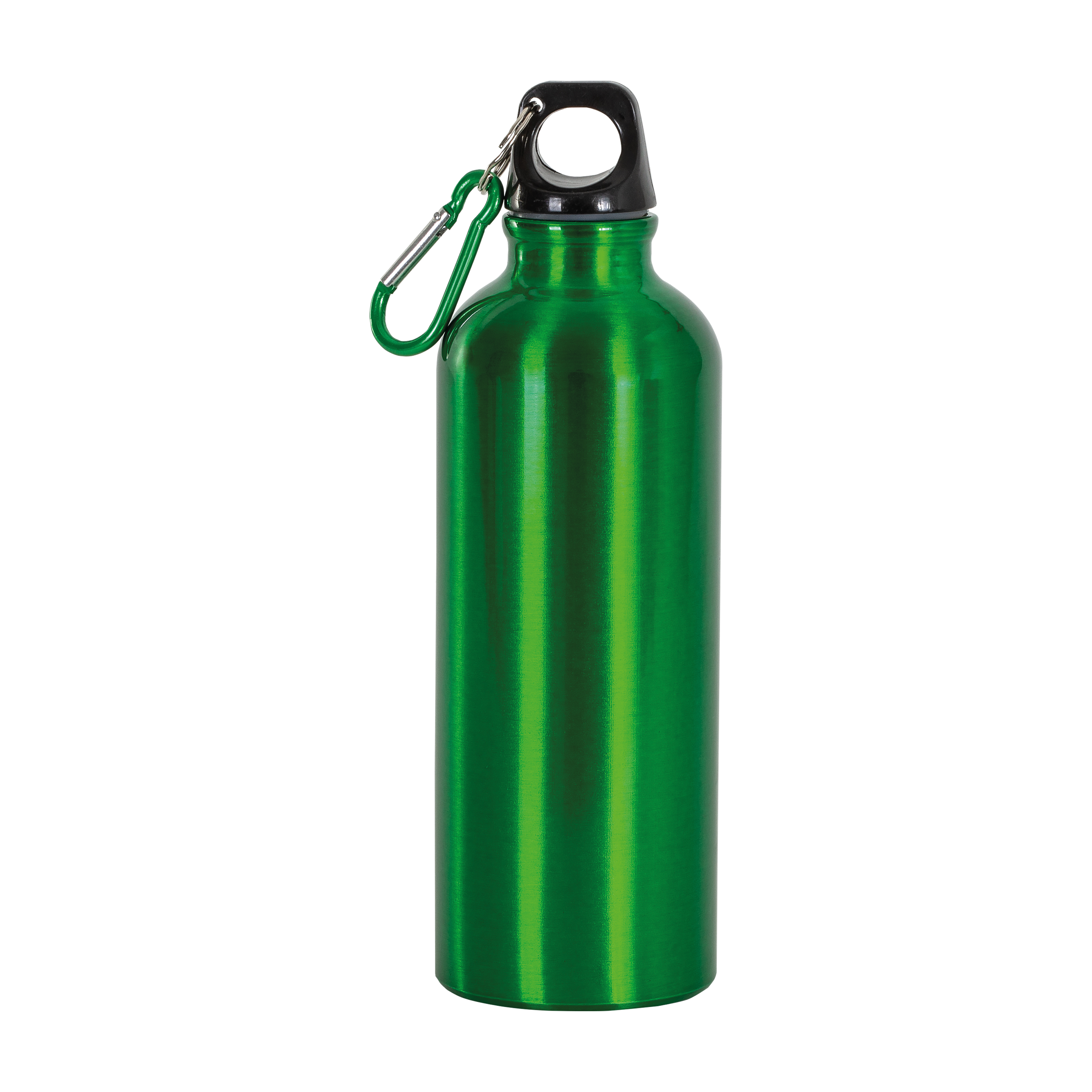 Aluminium water bottle (500 ml) with plastic lid and snap hook (22 cm tall) Green