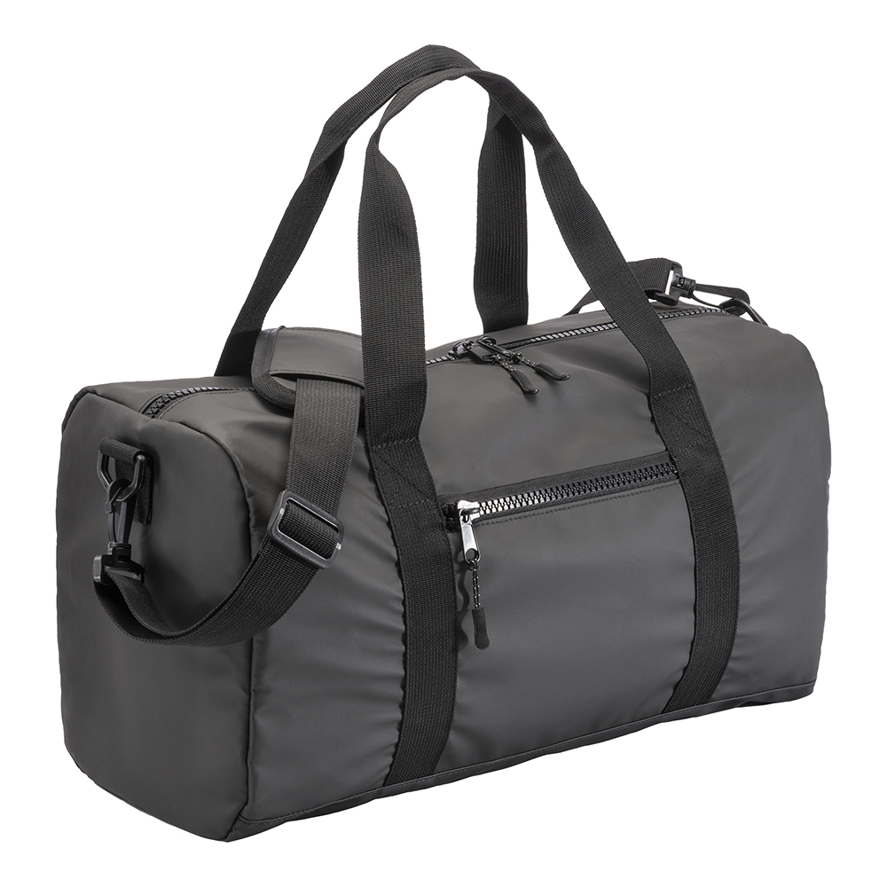 Water resistant polyester Duffle bag. Adjustable and removable shoulder strap with buckle Black