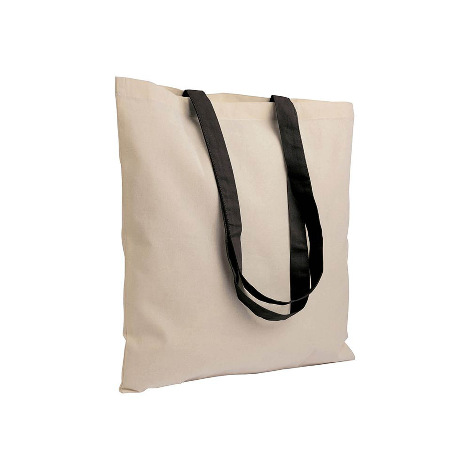 Natural 140 g/m2 recycled cotton shopper bag with colorful handles Black