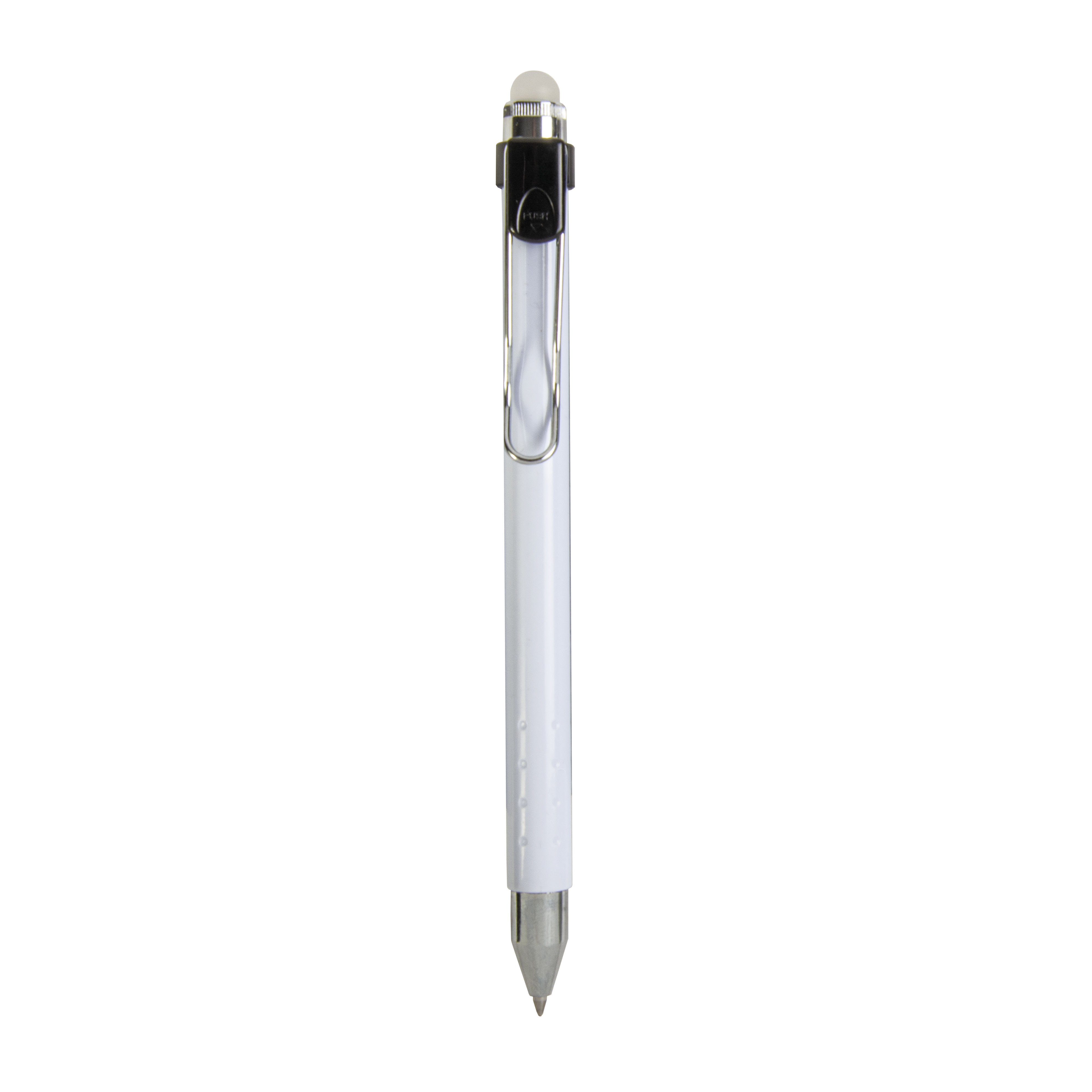 Plastic push botton pen with eraseable ink, rubber and metal clip Black