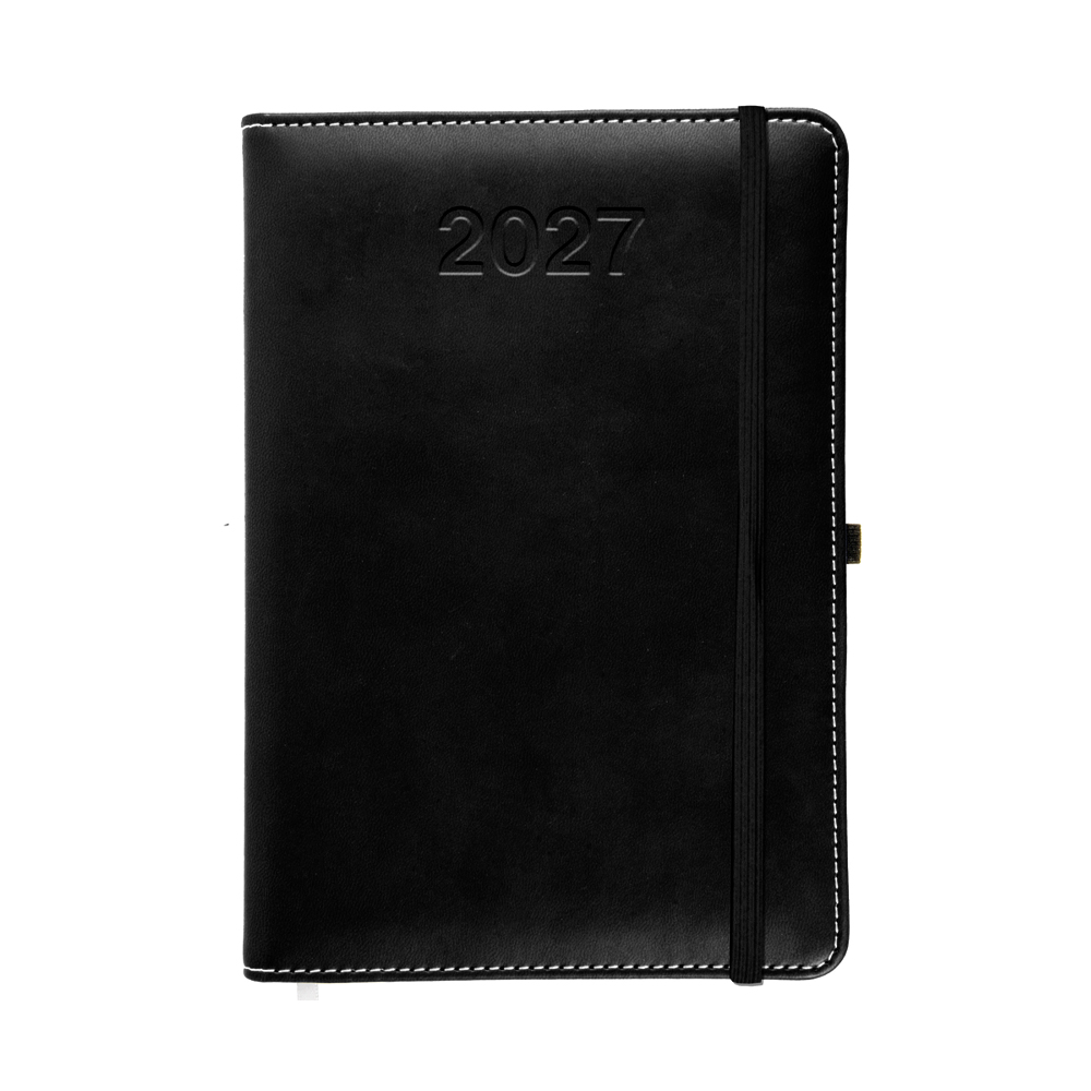 Daily planner 2027, thermo-varnished PU hard cover with stitching around the perimeter Black