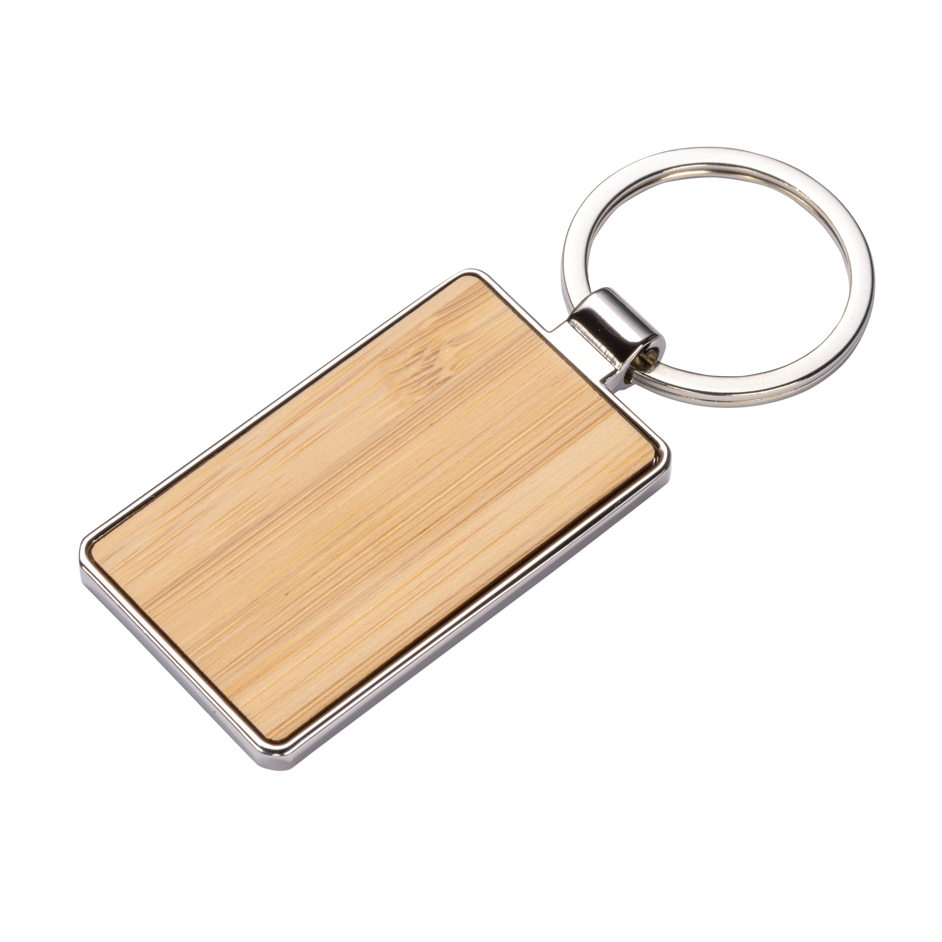 Rectangular metal key ring with bamboo front detail Natural