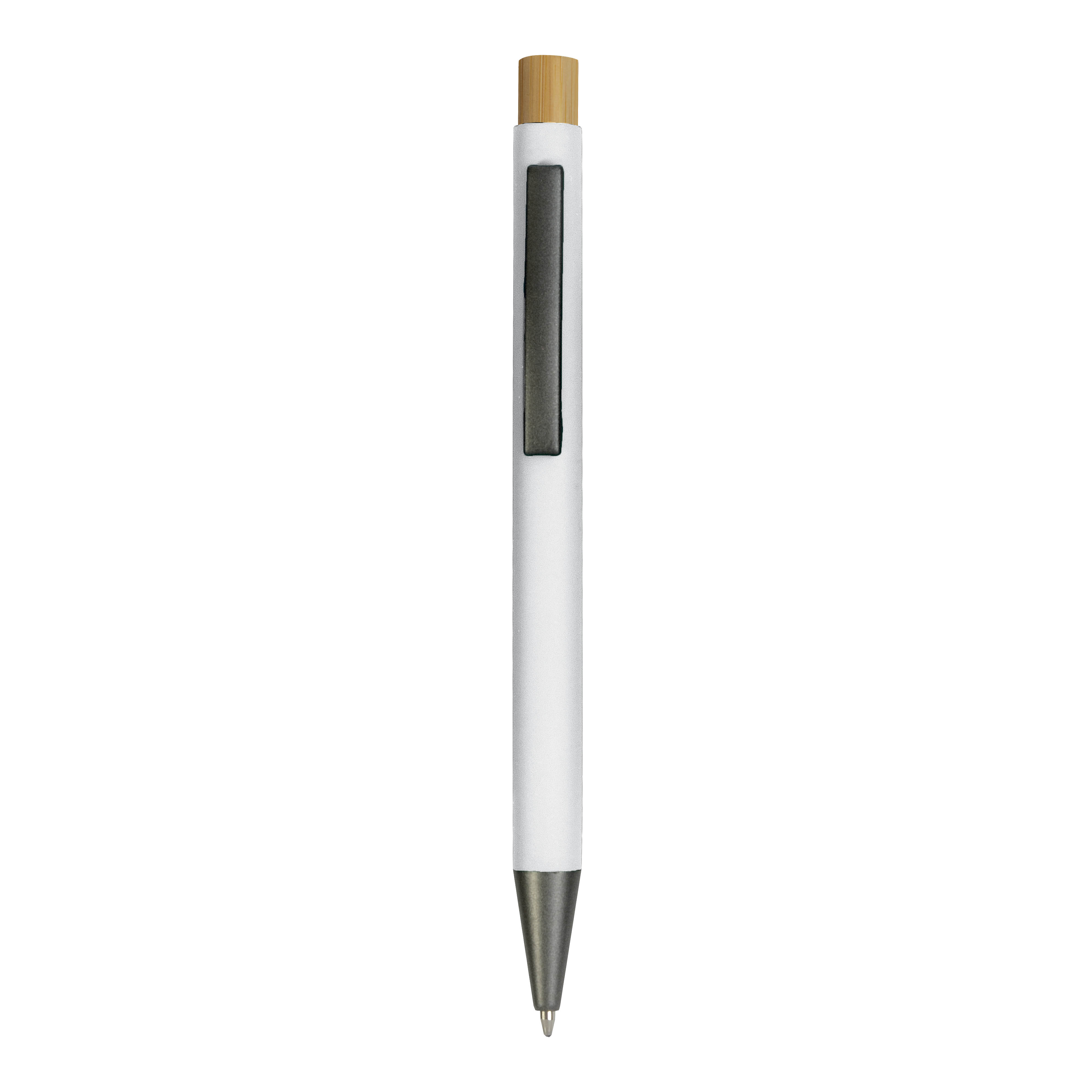 Rubberized metal snap pen with burnished details and bamboo button White