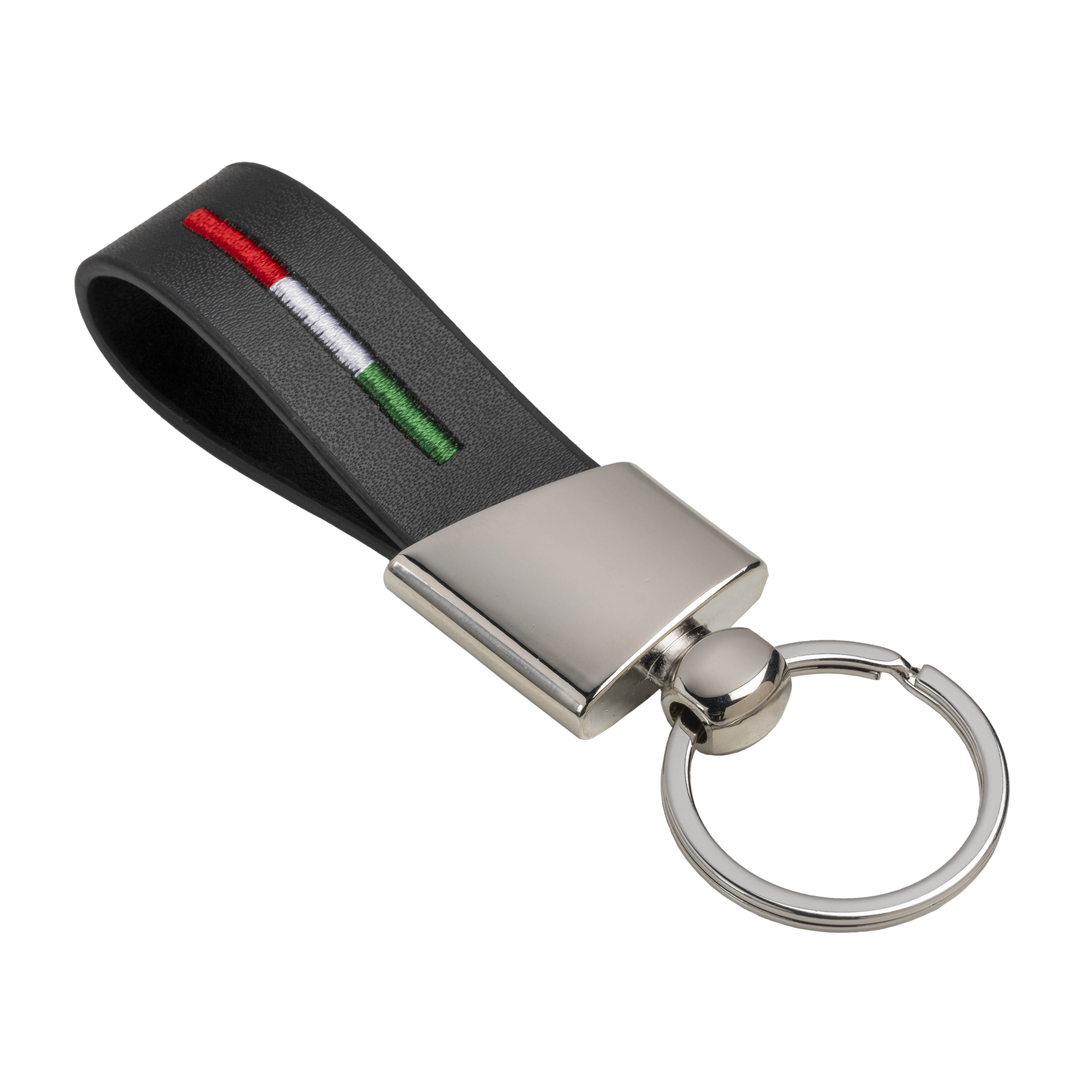 PU keychain with Italy color stitching with chrome metal plaque Black