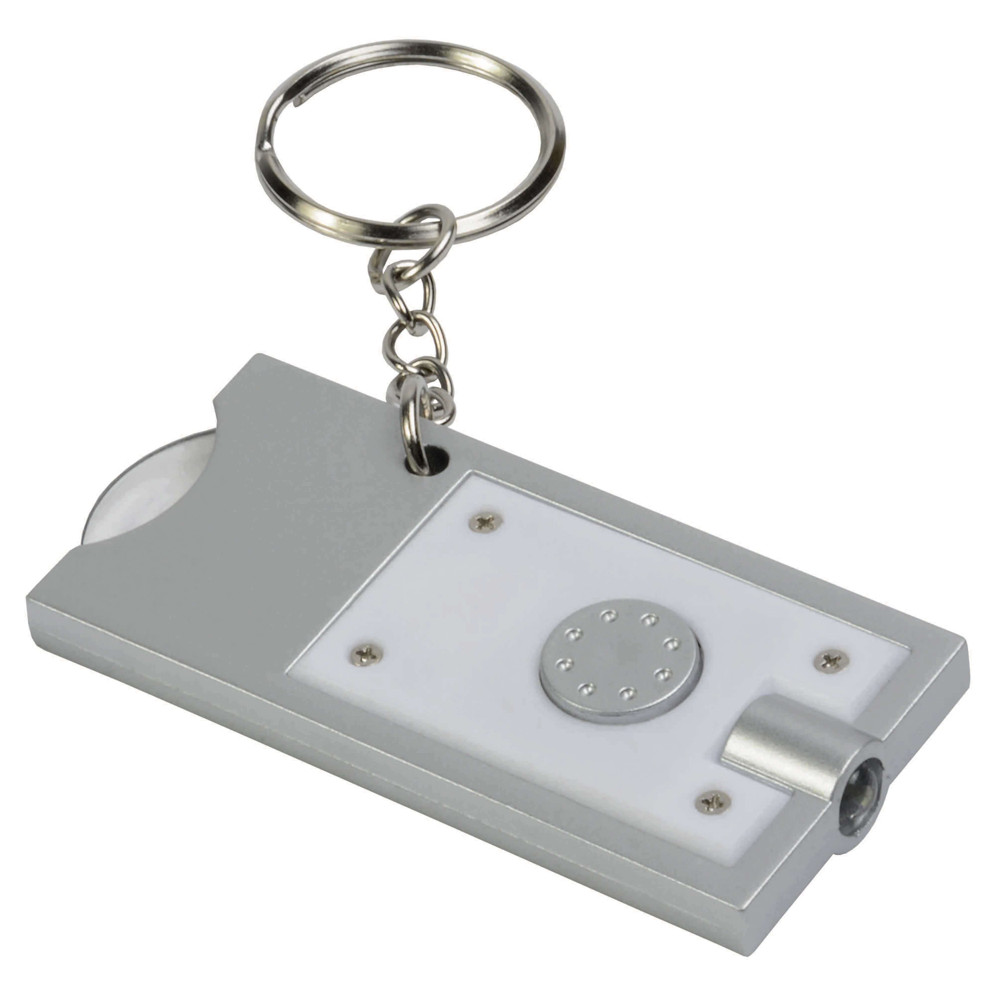 Plastic key ring with shopping trolley token and light White