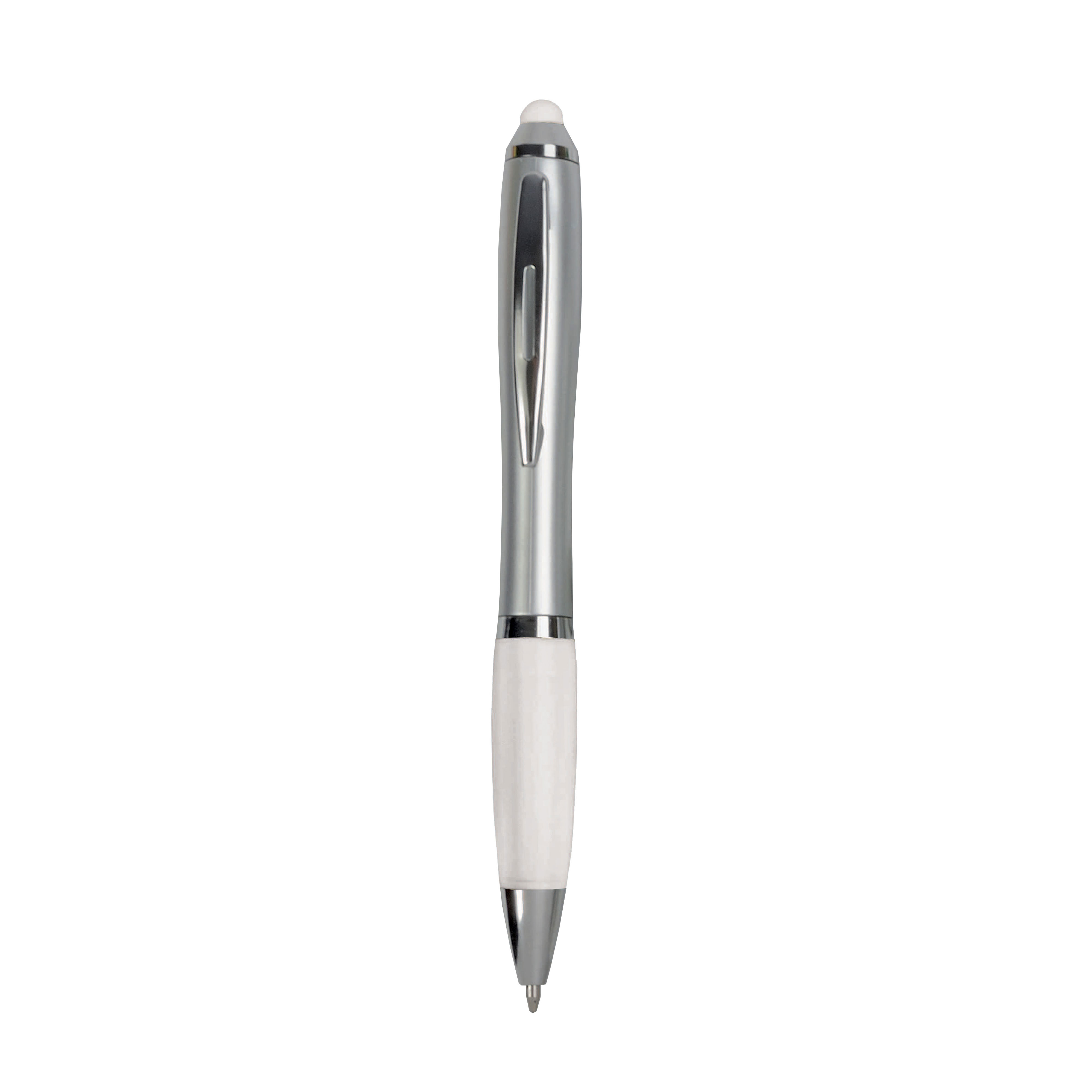 Plastic twist pen with silver barrel, rubberised coloured grip White