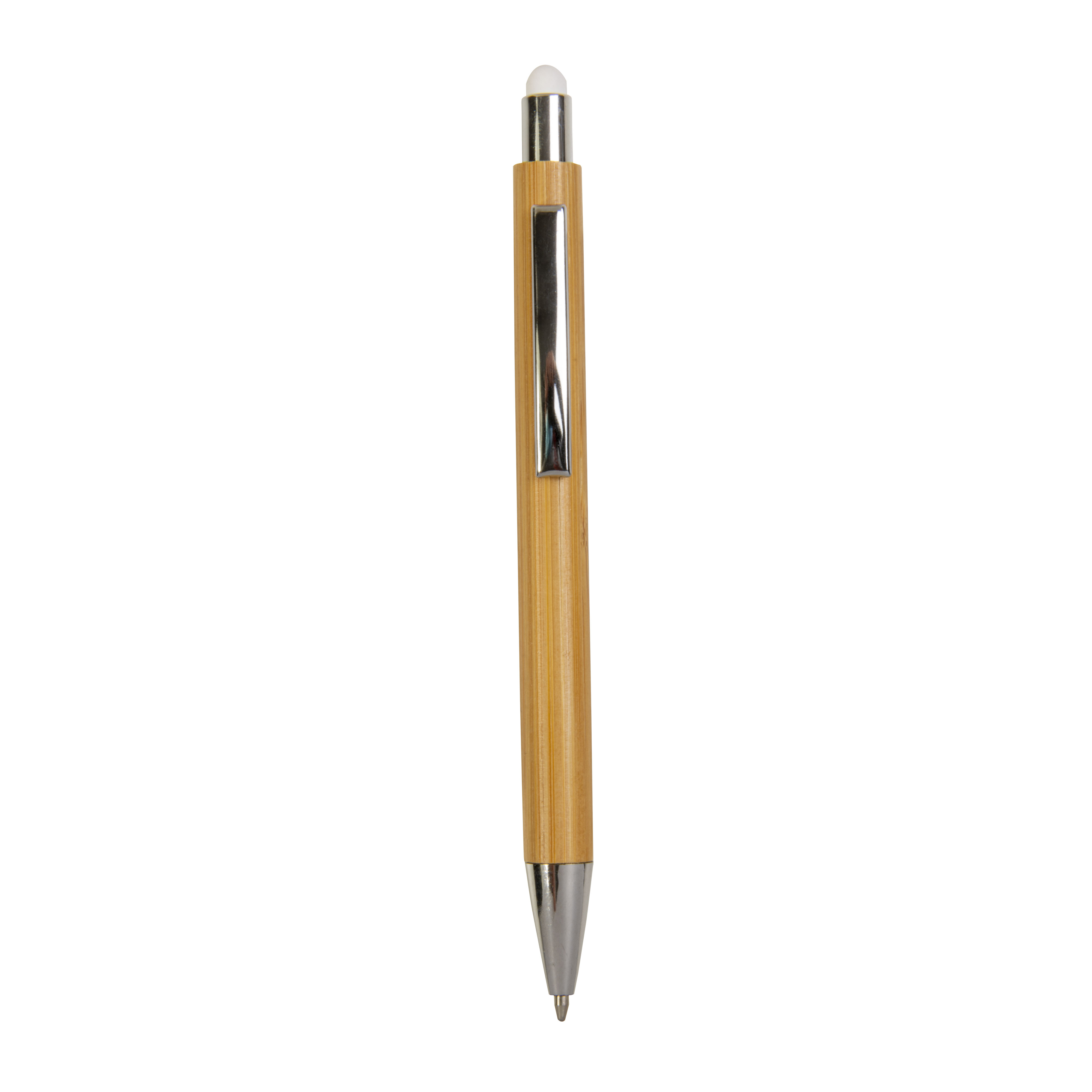 Bamboo barrel push ball pen with colored touch point and chrome tip White