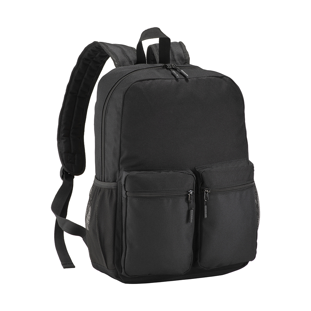 600D polyester 5 pockets backpack, two side meshed, adjustable shoulder straps Black
