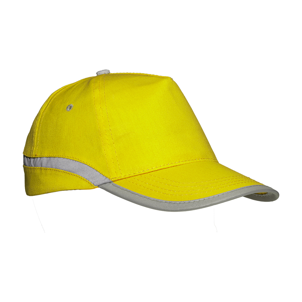High-visibility, cotton 5-panel cap with reflective strips and adjustable velcro strap Yellow