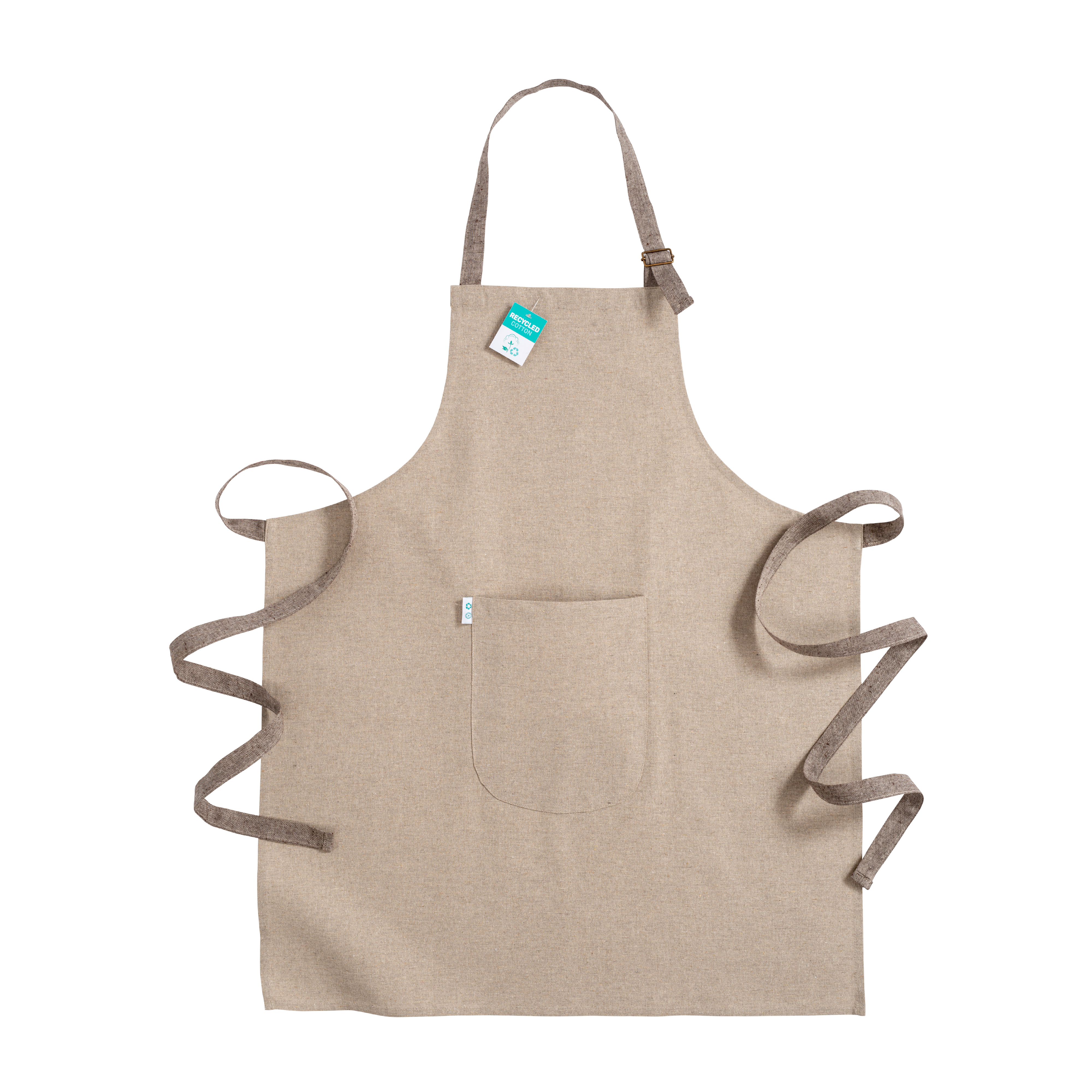 Long apron in  recycled cotton in 190g / m2 , with front pocket and 110cm back lacing. Natural