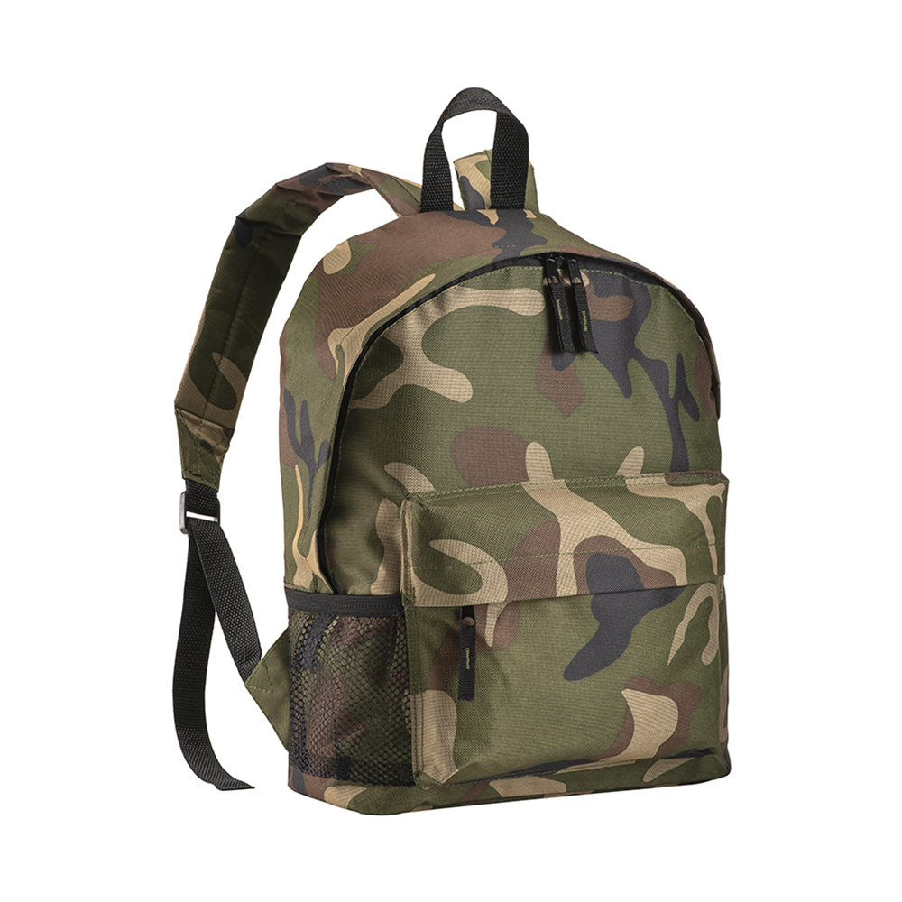 600D polyester 3-pocket camouflage backpack (one mesh side pocket). Adjustable shoulder Mimetic