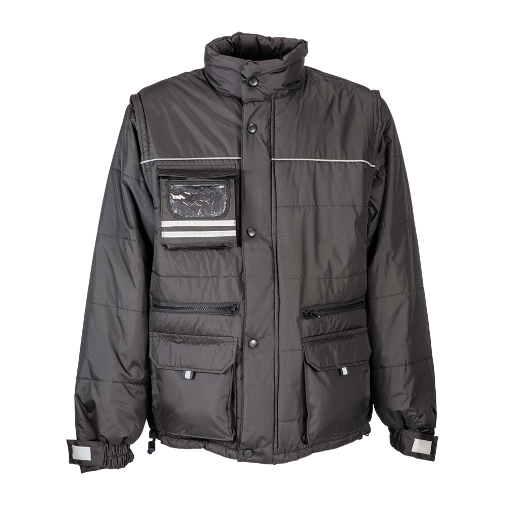 Padded pongee polyester jacket with removable sleeves and identification badge pocket Black S