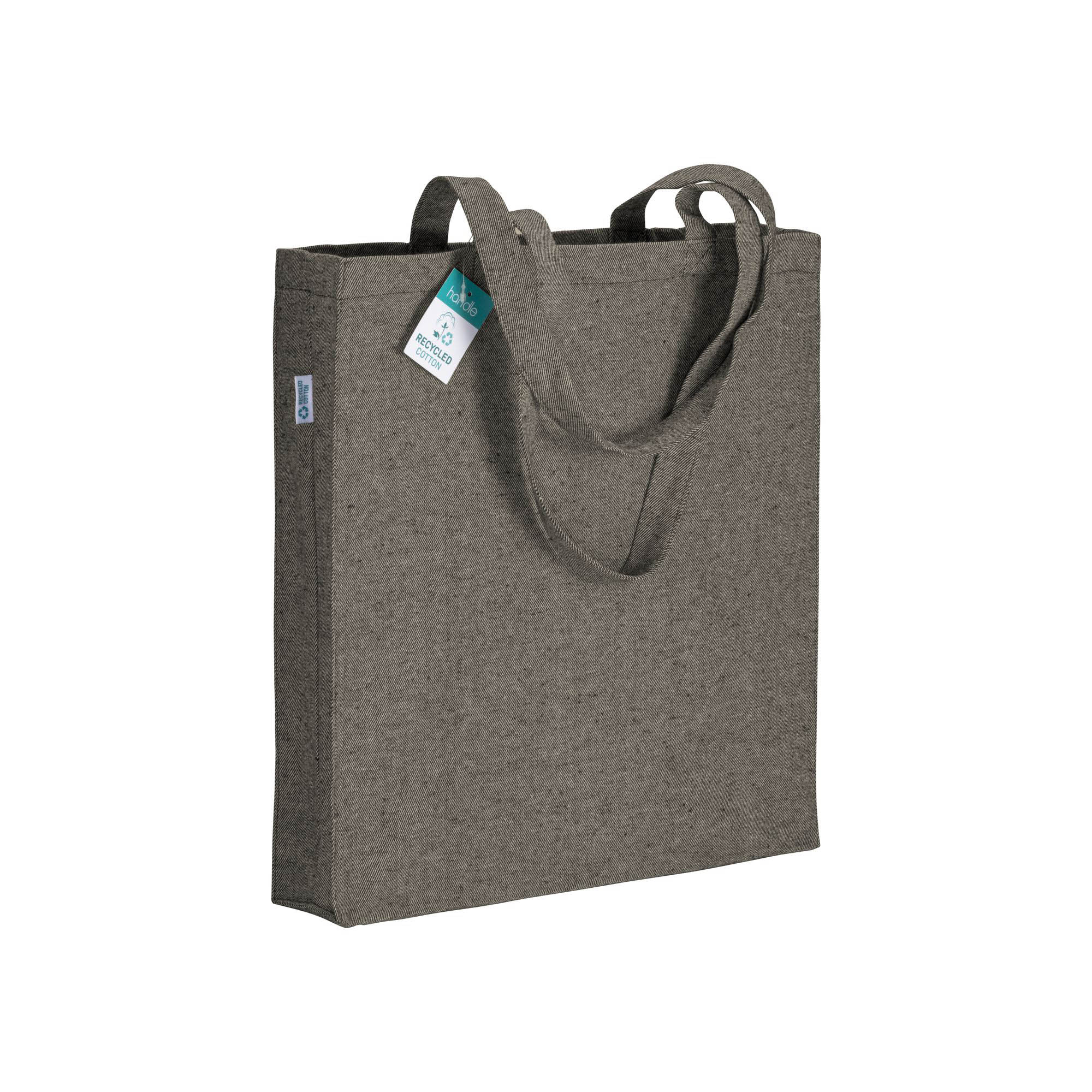 280g/m2 recycled cotton shopping bag, long handles and gussets Black