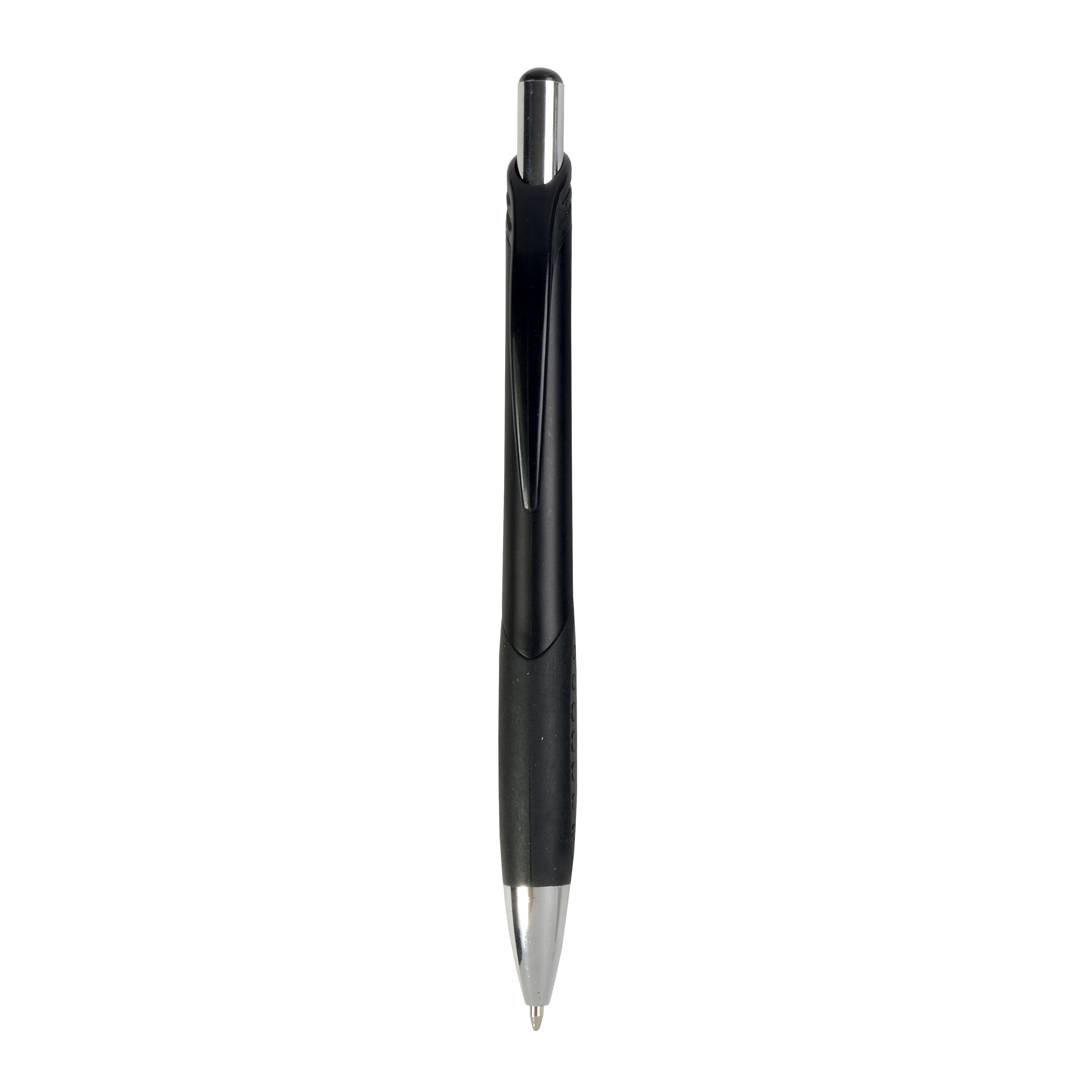 Plastic snap pen with metallic barrel and rubberised black grip to match the clip Black