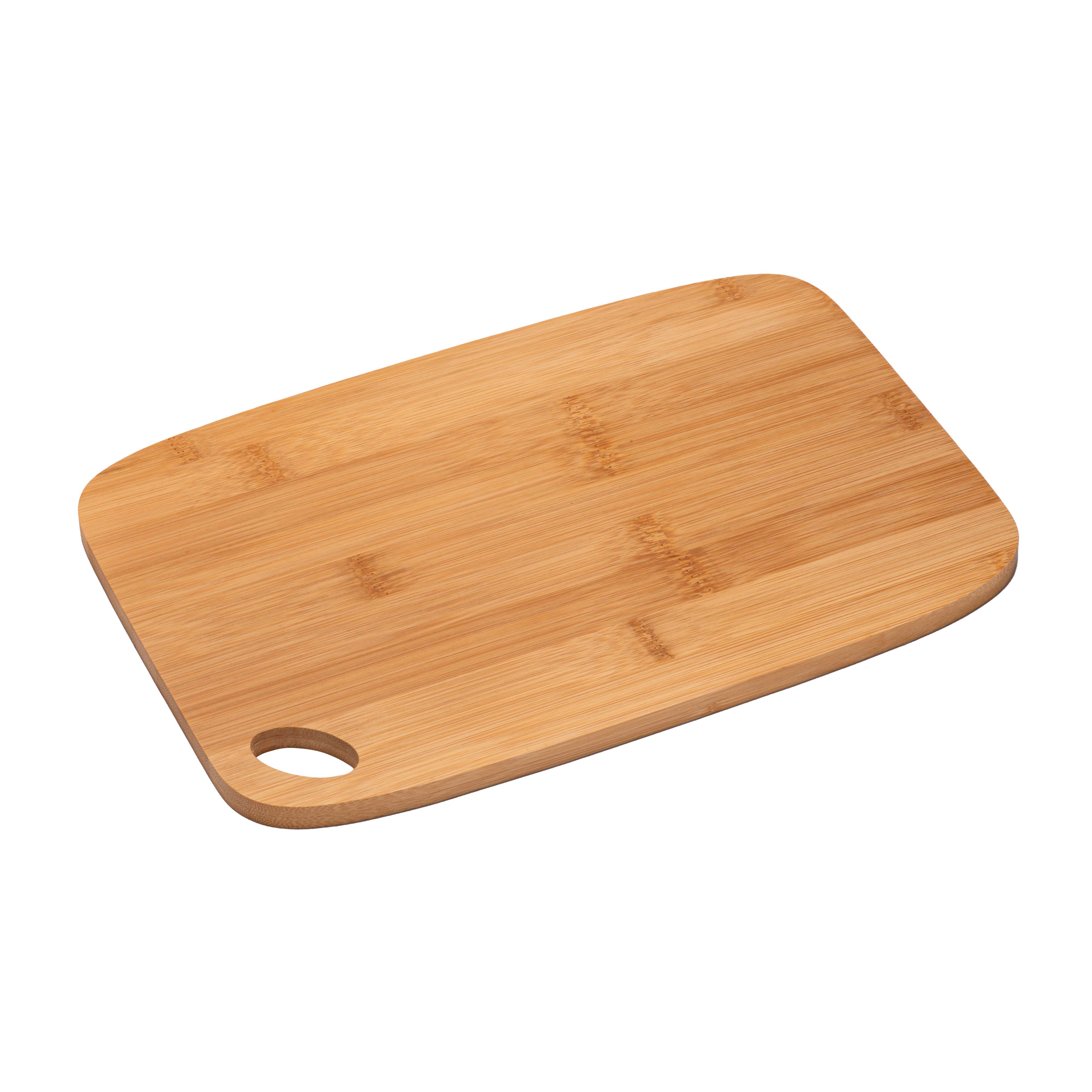 Bamboo kitchen cutting board with rounded corners and hanging hole. Brown