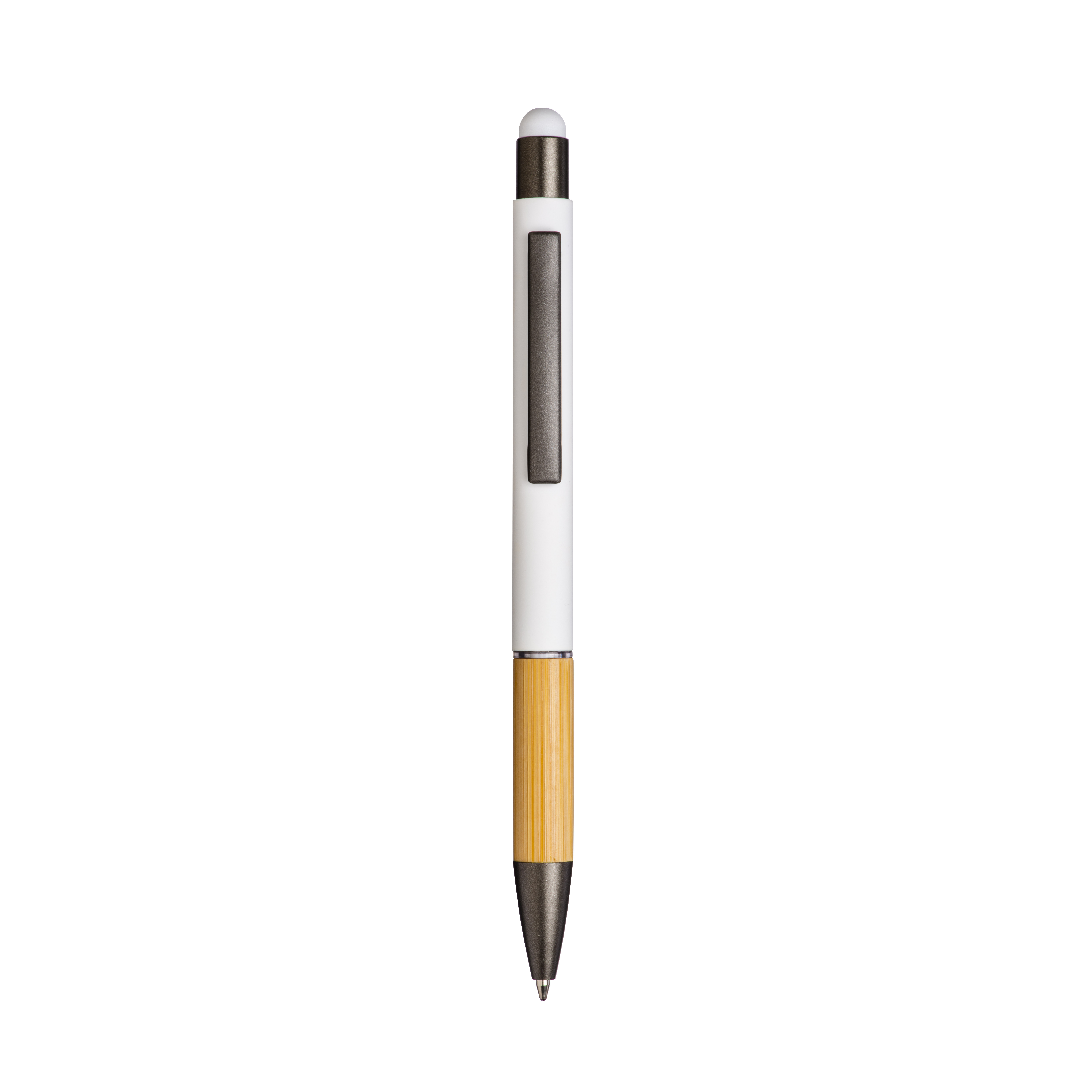 Push button aluminium ball pen with bamboo handle and color touch White