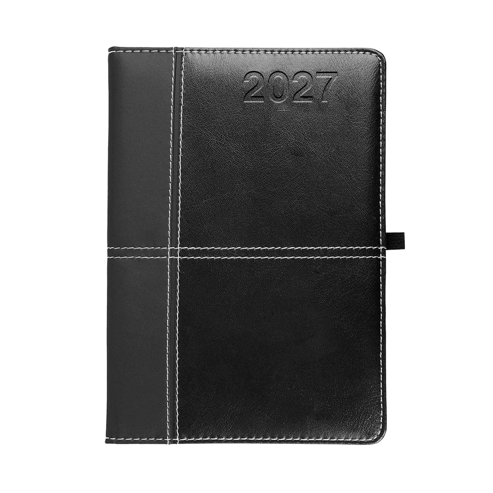 Daily planner 2027, thermo-varnished PU hard cover with stitching around the perimeter Black