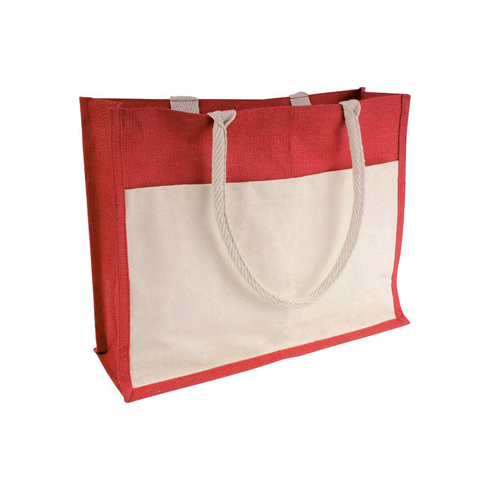 Jute bag with PVC interior, gusset, long handles and outer pocket Red