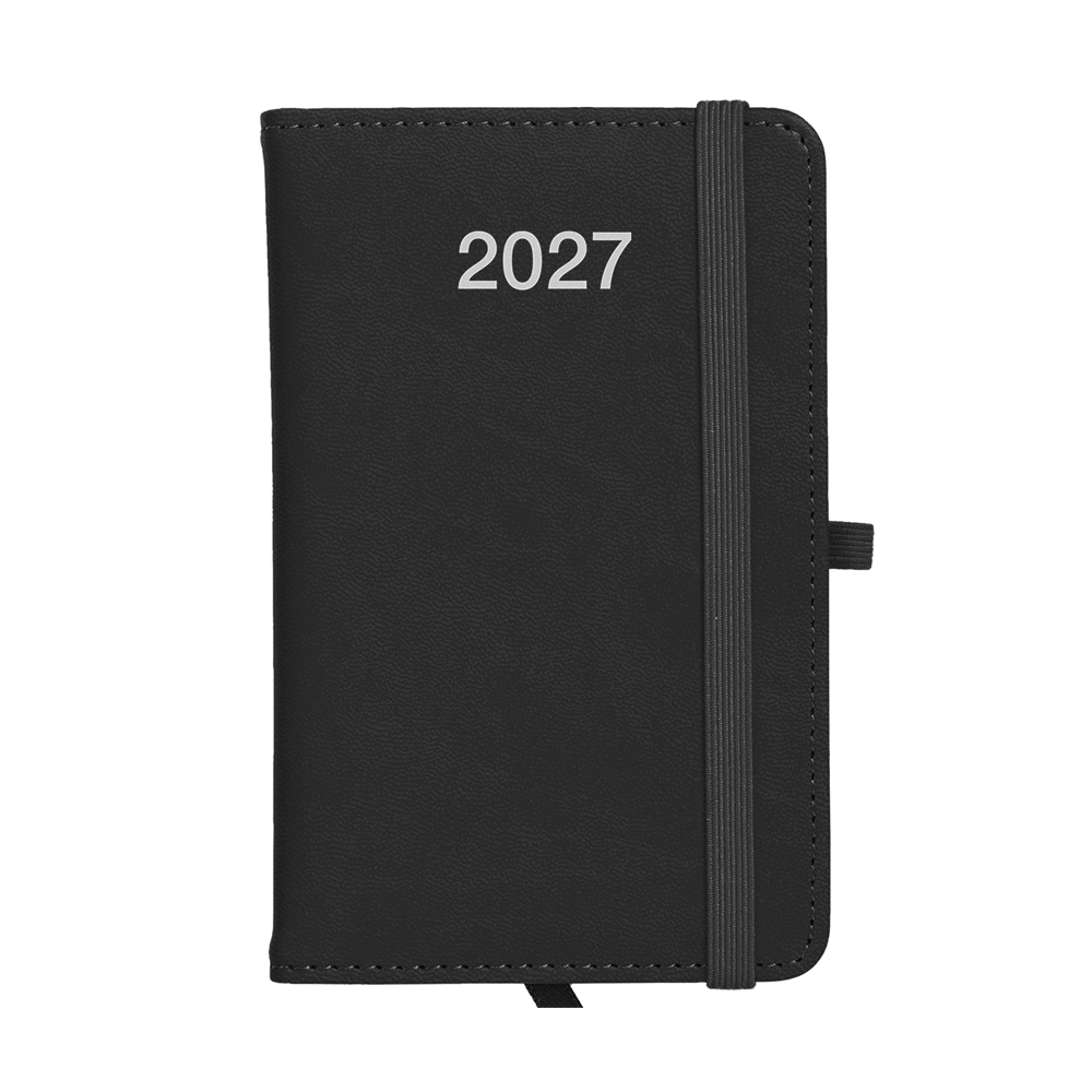 Weekly pocket diary 2027, thermo-varnished PU hard cover with stitching around the edge Black