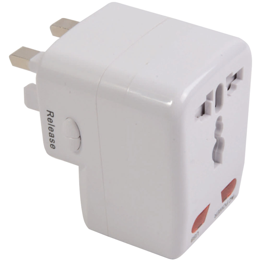 Universal adapter with USB port. Input 100-125 V 6 A or 220-250 V 6 A White