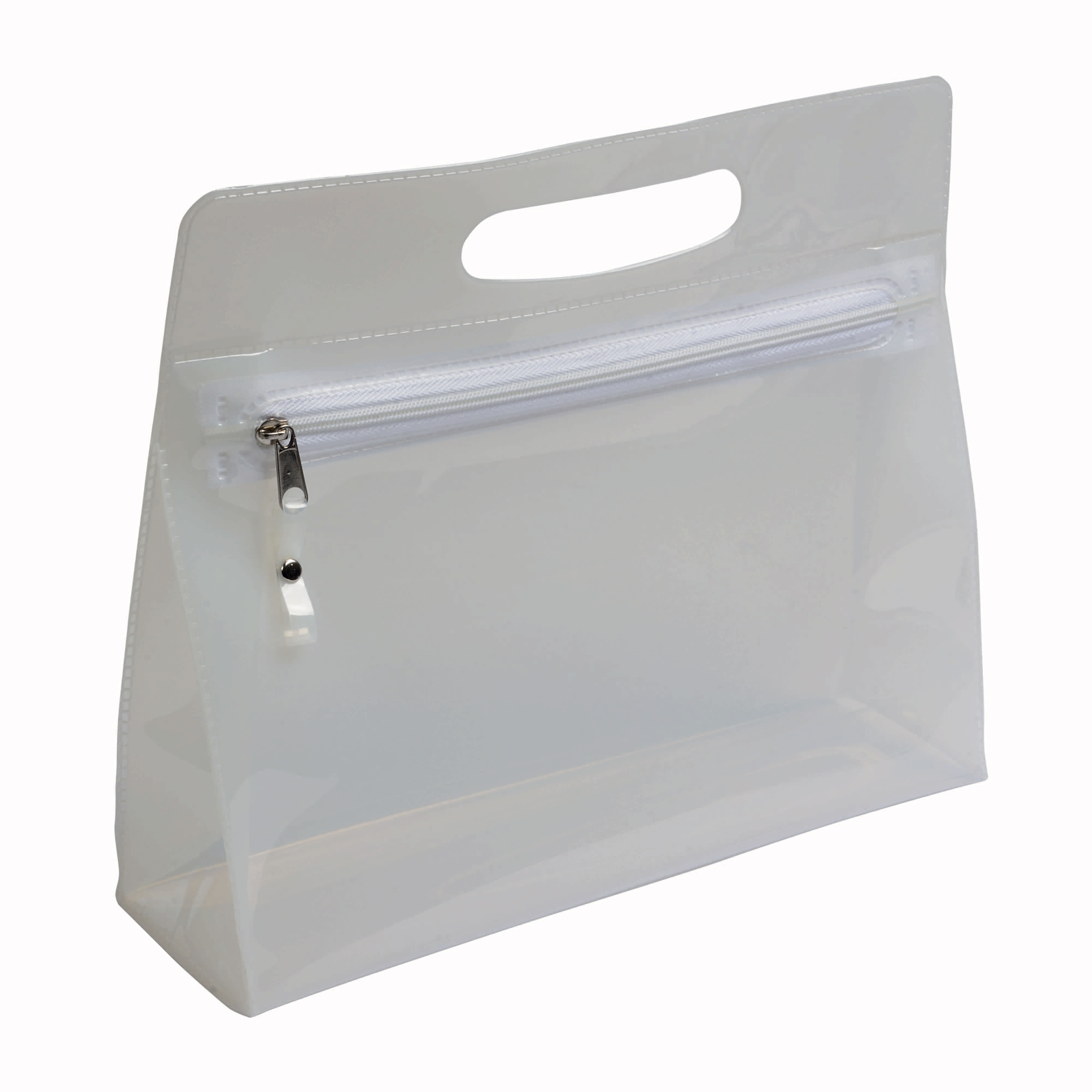 Transparent PVC cosmetic bag with zip and handle White