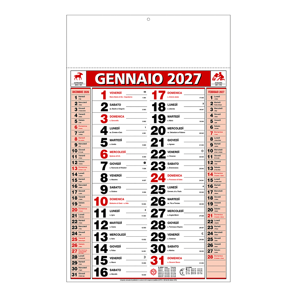 2027 Two-Colour Monthly Wall Calendar, 12 sheets, coated paper, heat-sealed Red