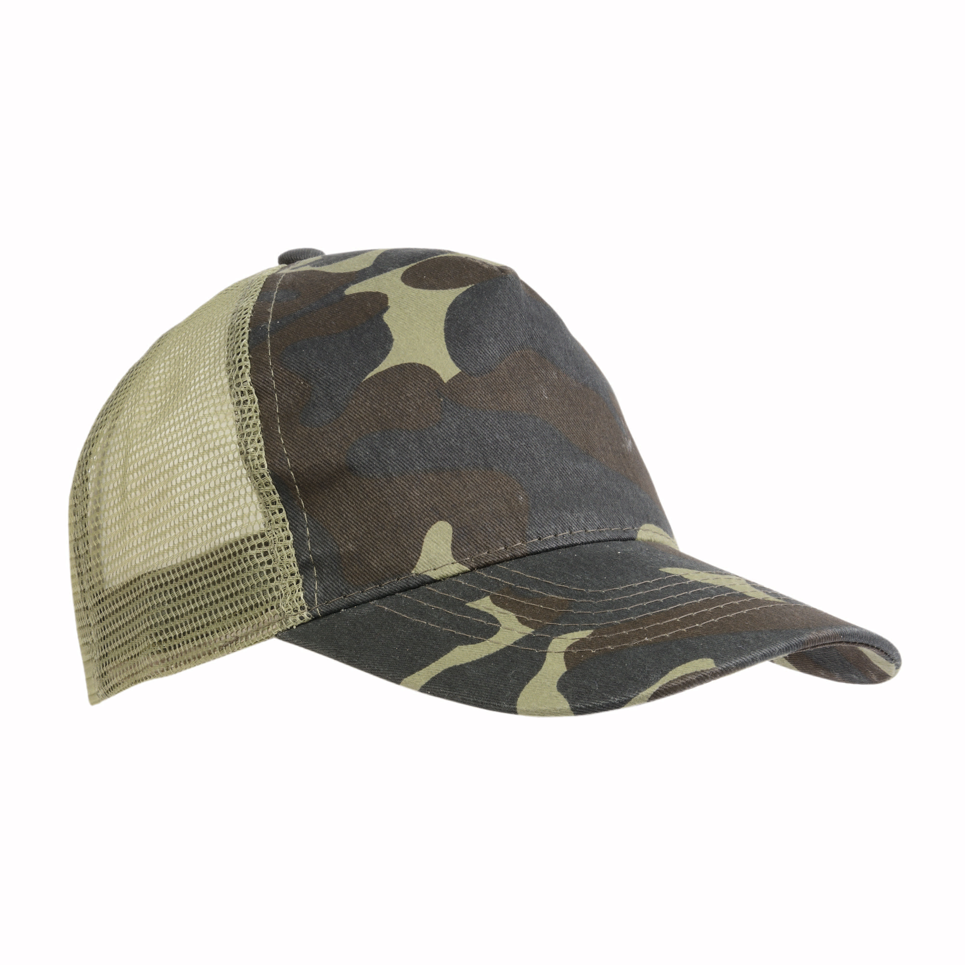 Camouflage, cotton/polyester 5-panel cap with mesh crown and plastic clip closure Mimetic