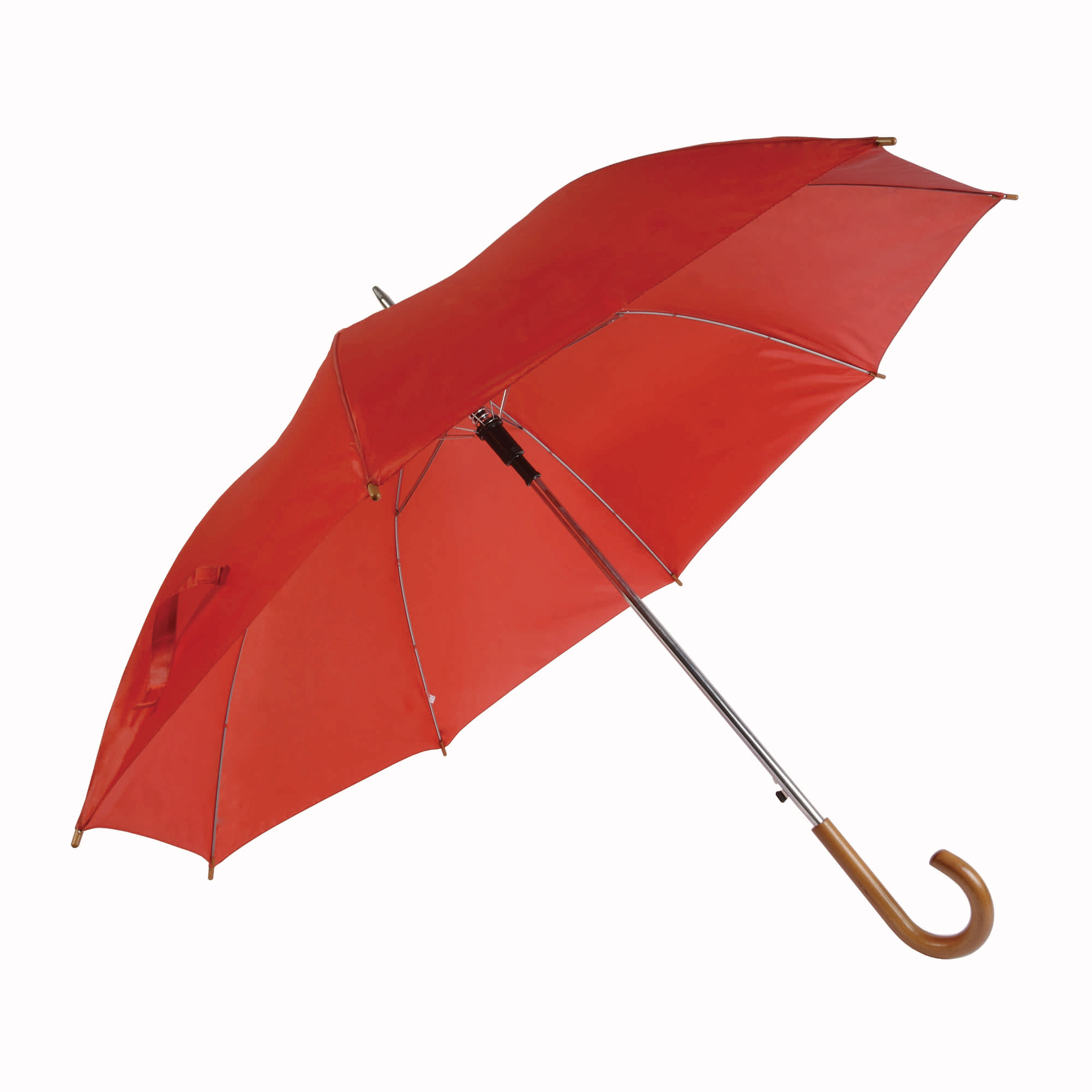 Solid-colour automatic umbrella with steel shaft and ferrule, curved wood handle Red