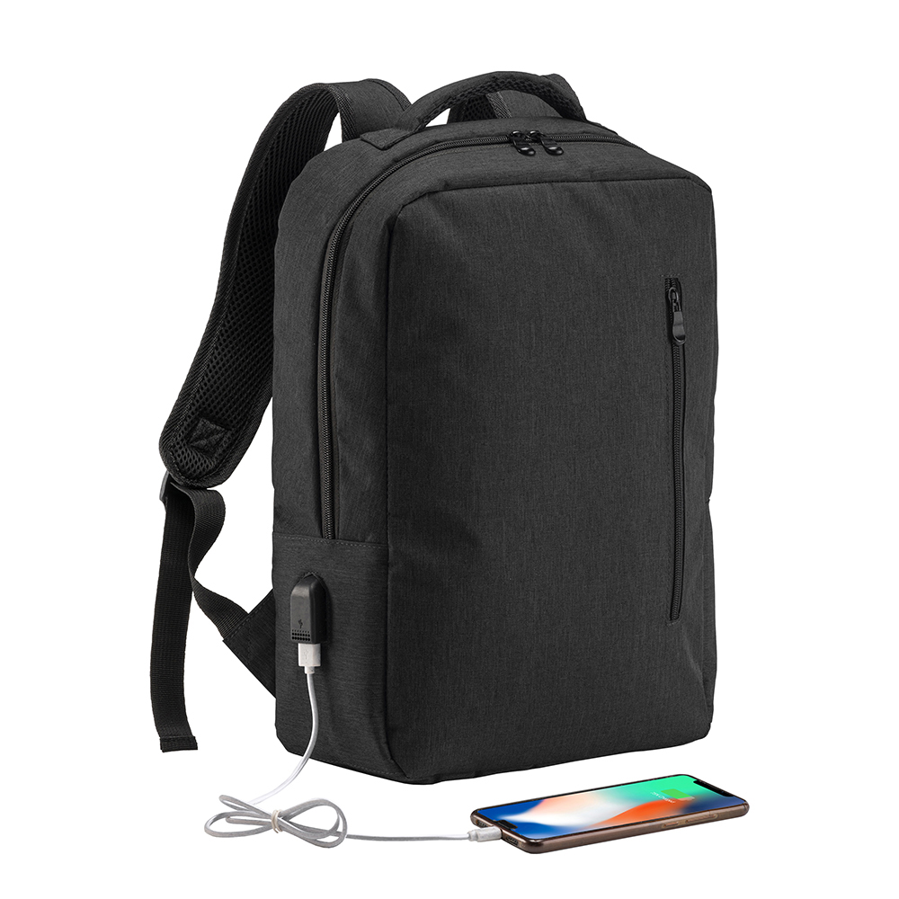 300D Polyester laptop backpack with 3 pockets. Laptop principal pocket and side pocket Black