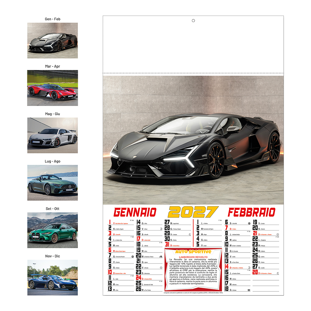 Wall calendar 2027, monthly layout, 6 illustrated sheets in 130 g/m2 coated paper White