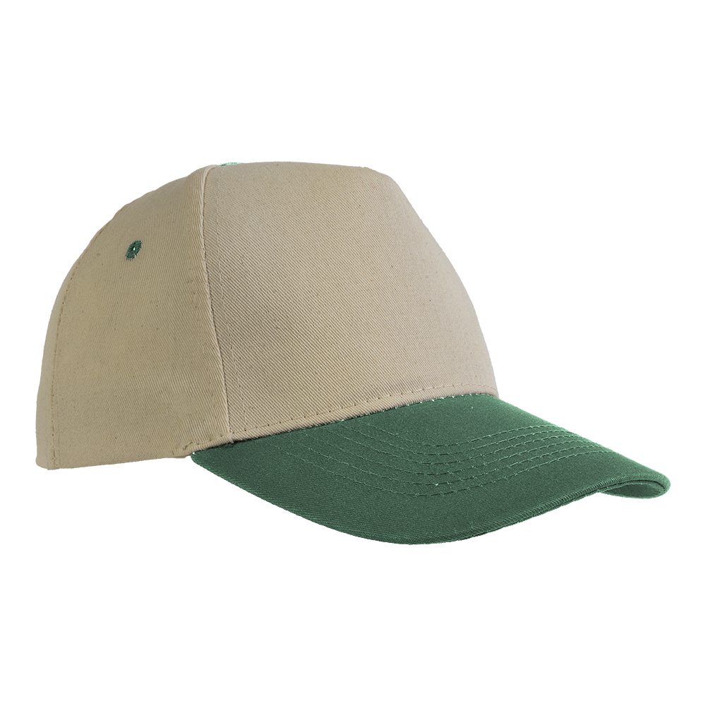 Natural cotton 5-panel cap with coloured visor and adjustable velcro strap Green