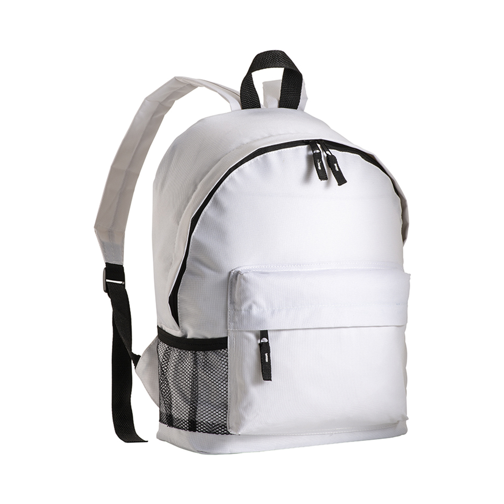 600D polyester 3-pocket backpack (one mesh side pocket). Adjustable shoulder straps White