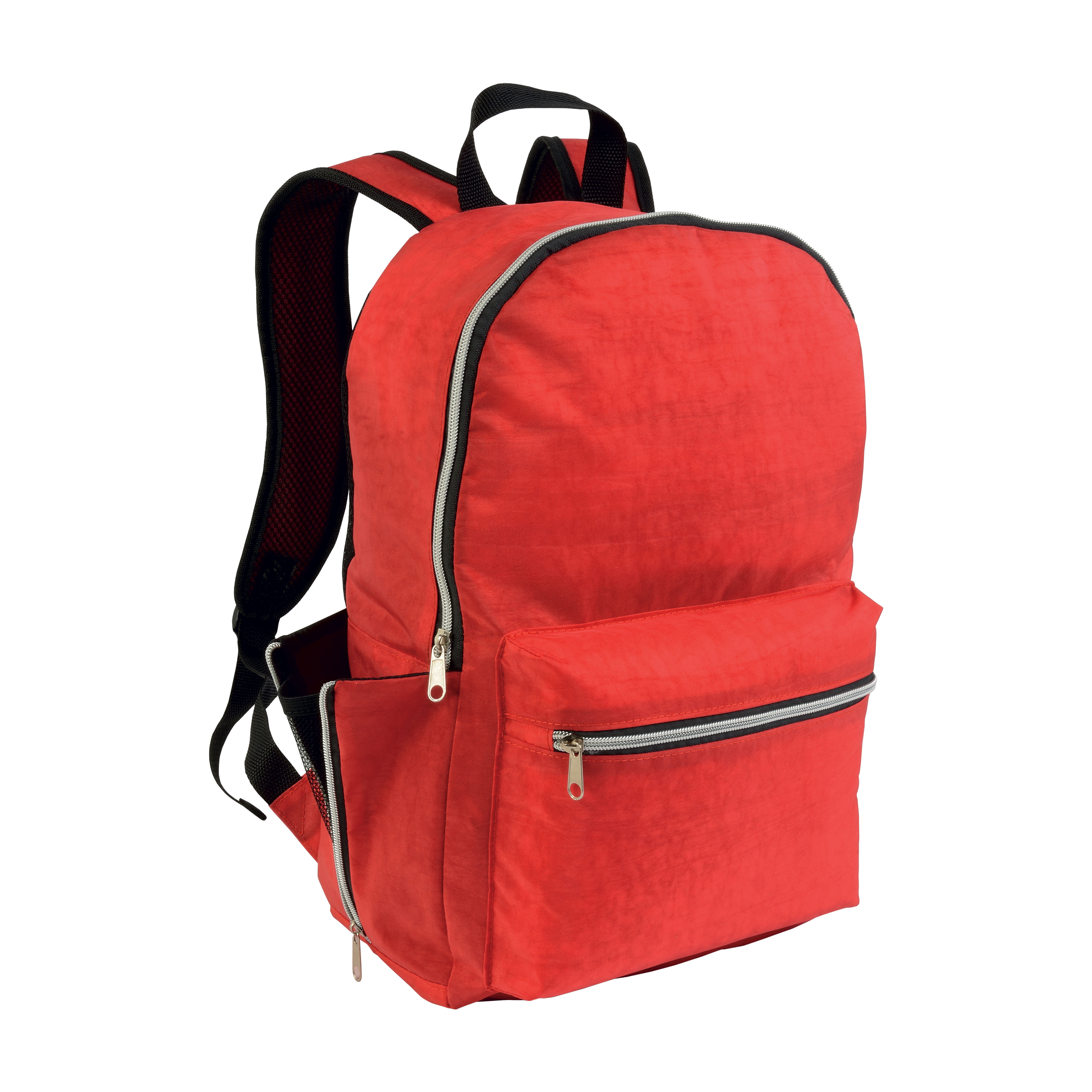 420D nylon 4-pocket backpack (two mesh side pockets with zipped closure). Straps Red