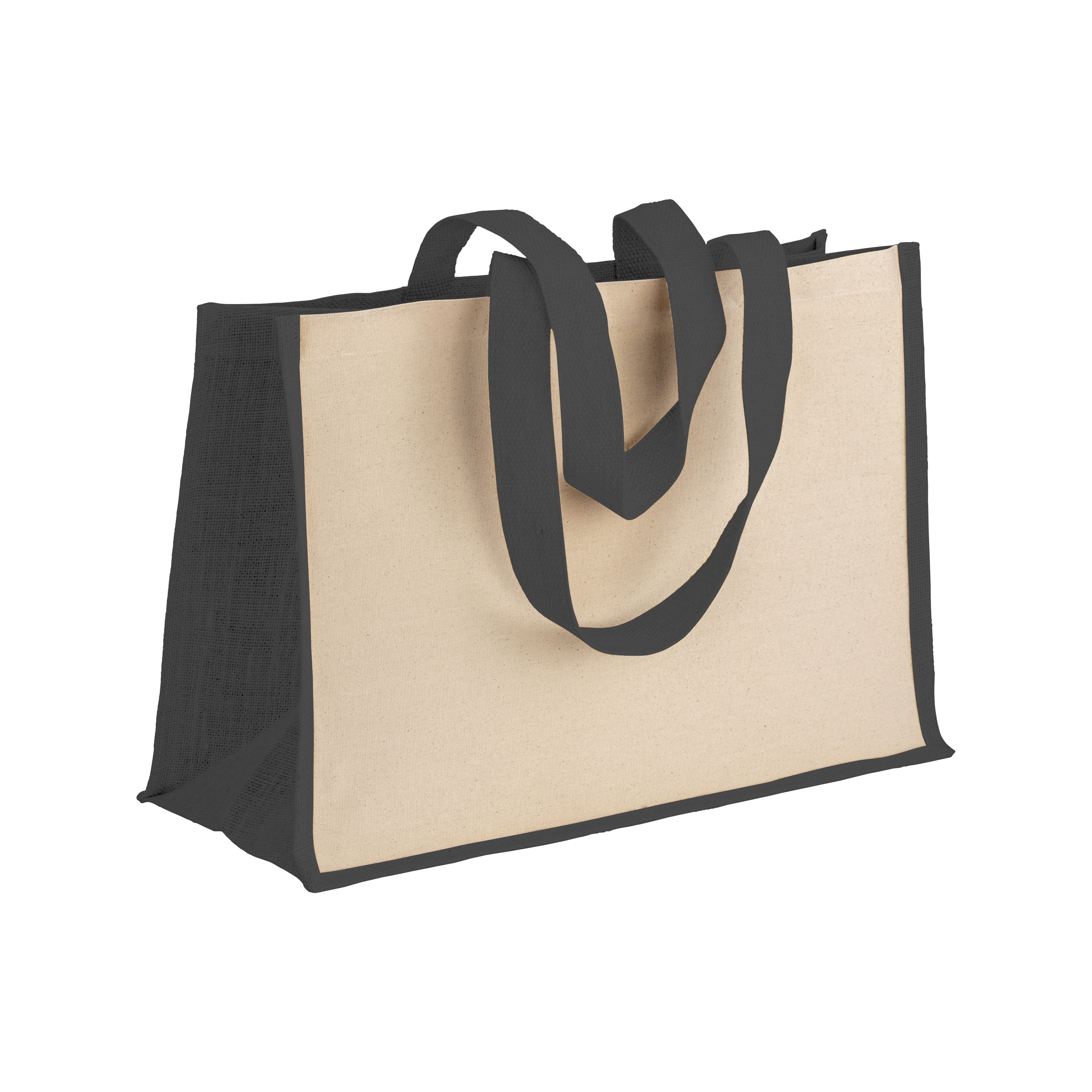 280 g/m2 cotton shopping bag with jute details, long handles and gusset Black