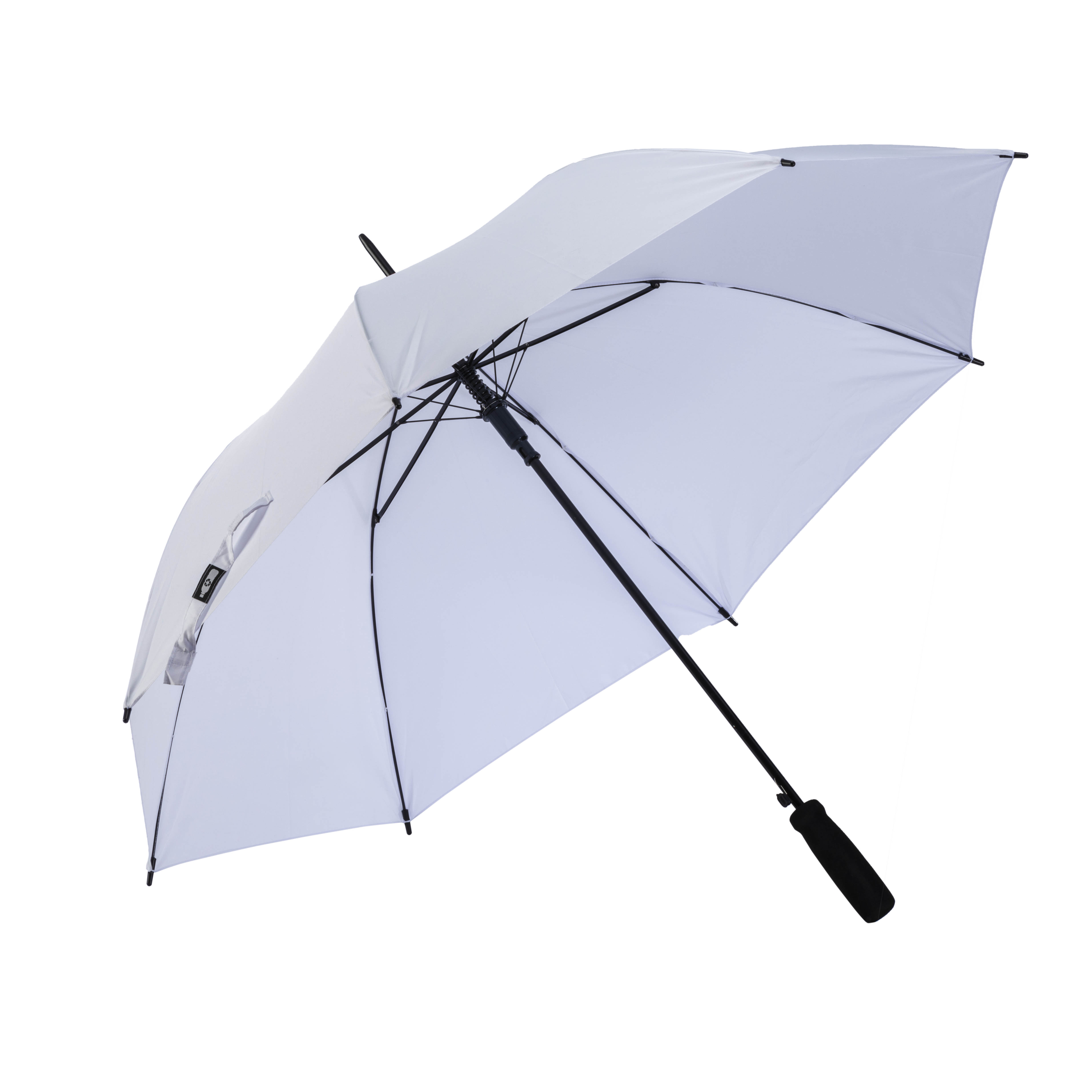 R-PET automatic opening umbrella with EVA handle, metal frame and fiberglass frame. White