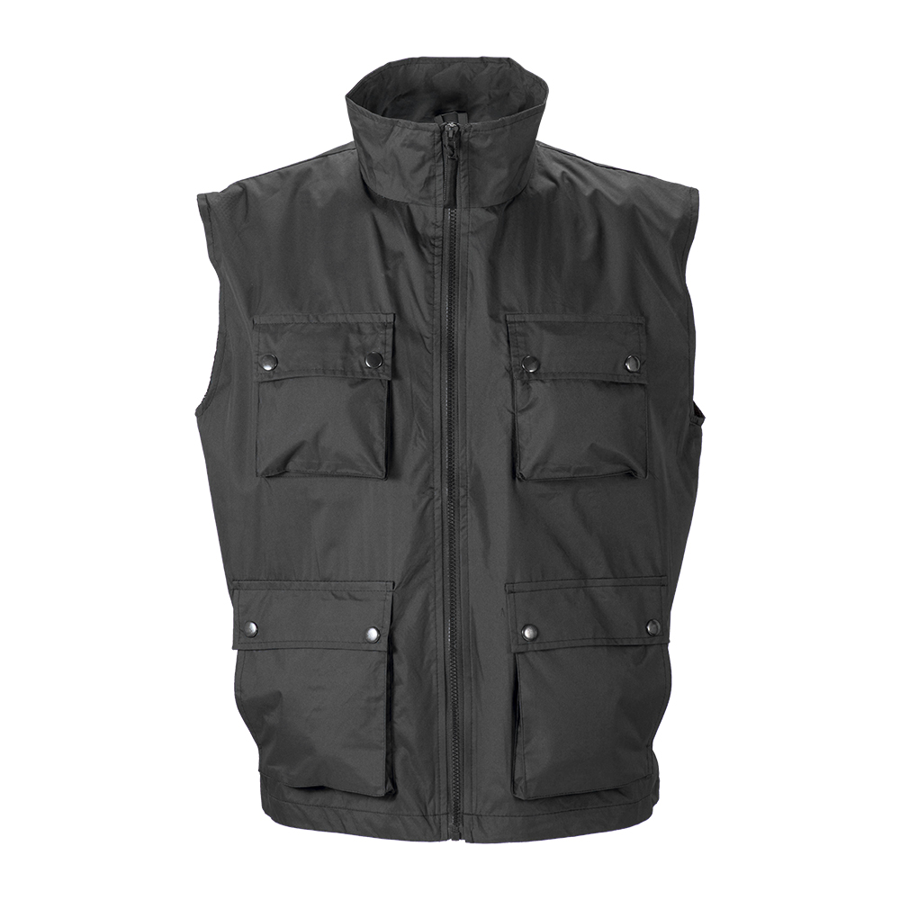 Multi-pocket polyester vest with inner pongee mesh lining. Sizes: S/M/L/XL/XXL Black L