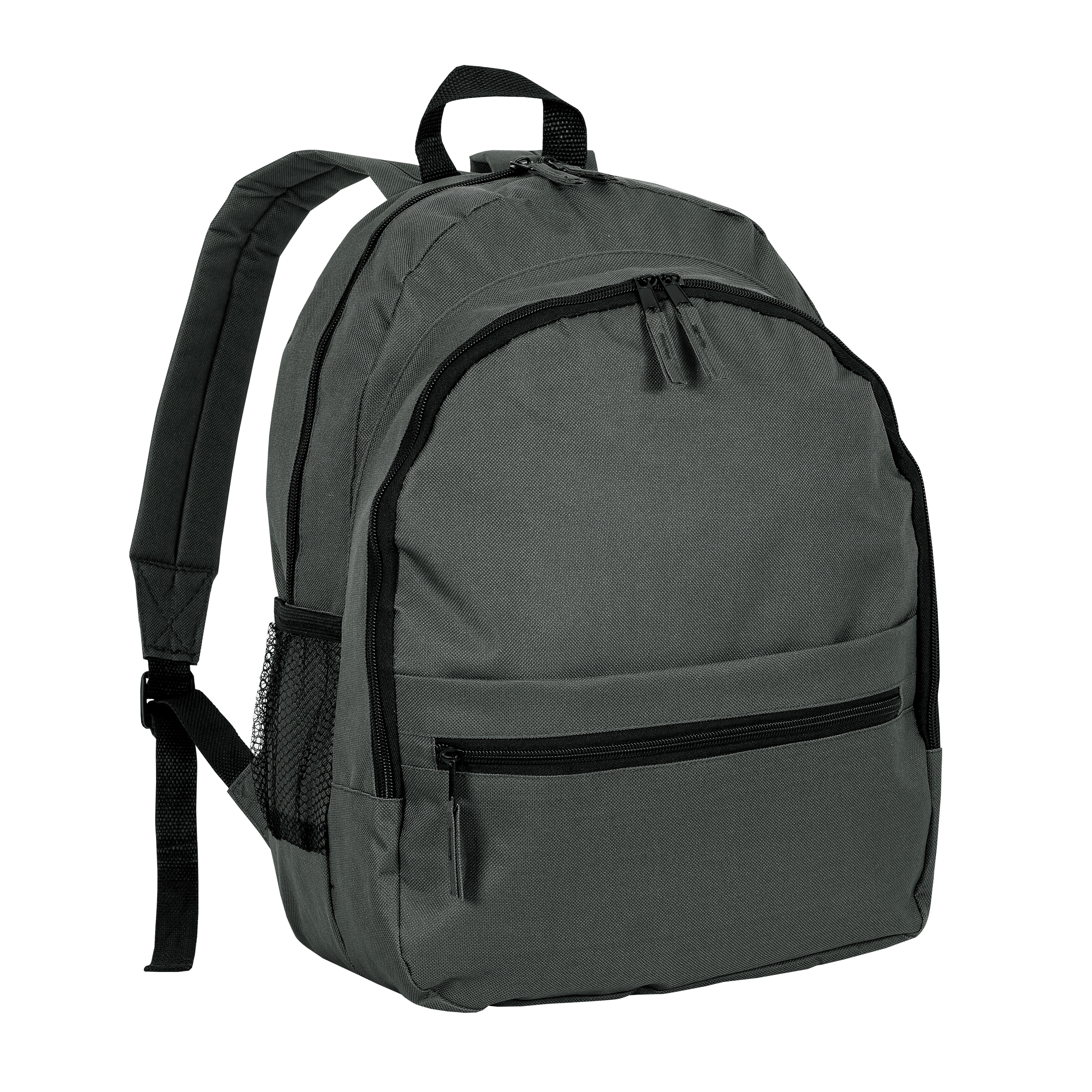 600D polyester 6-pocket backpack (two mesh side pockets). Front pocket with velcro Black