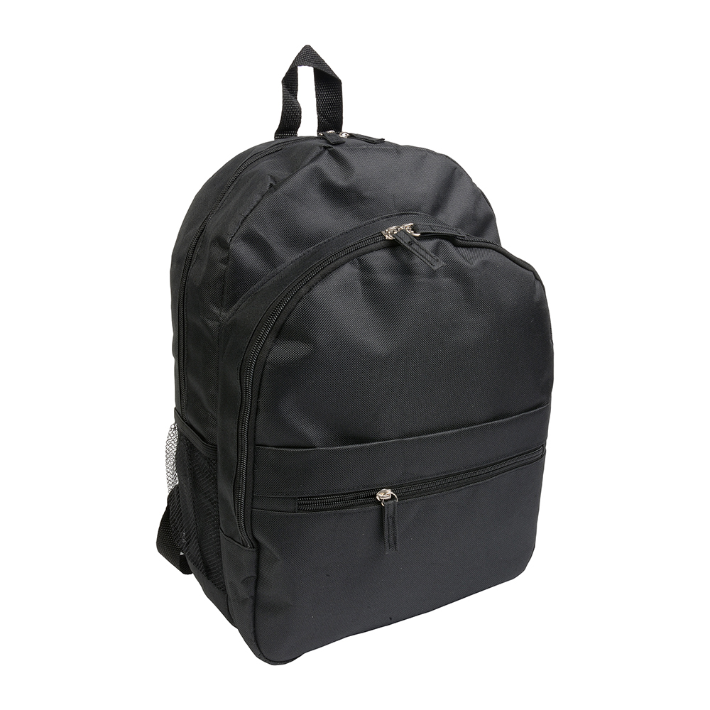600D polyester 6-pocket backpack (two mesh side pockets). Front pocket with velcro Black