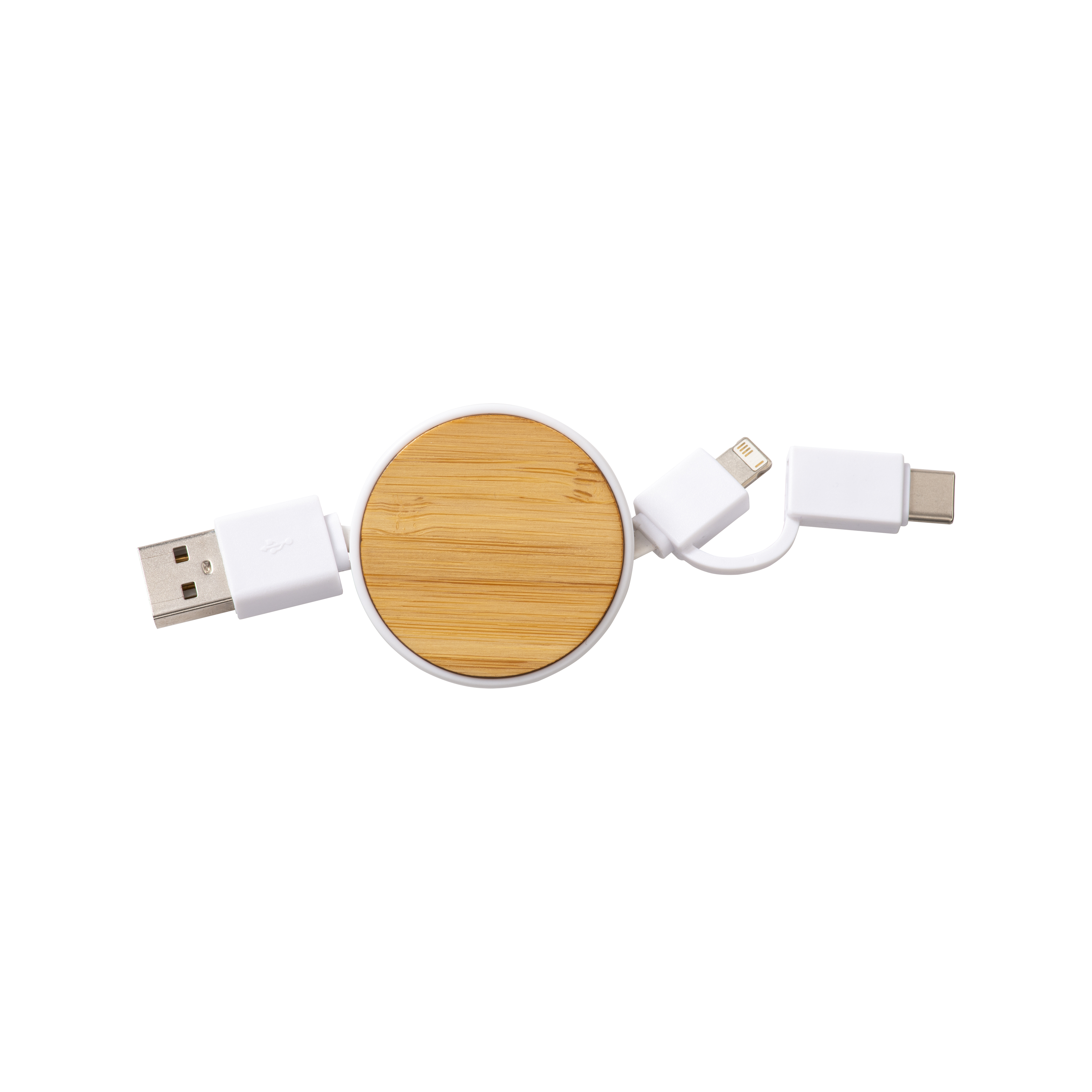 Retractable bamboo cable with 3-in-1 adapter: USB-type C / lightning / microUSB Natural