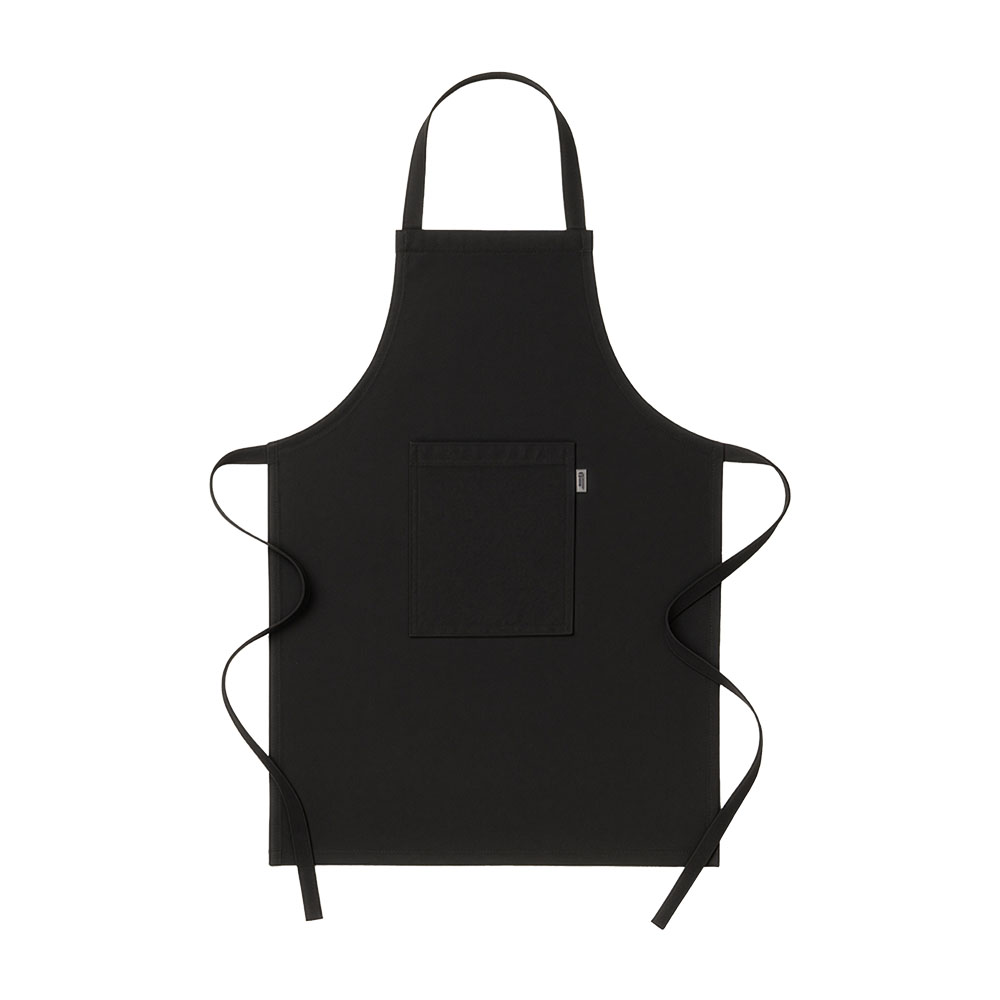 Long kitchen apron in recycled cotton (180 g/m2). Front pocket Black