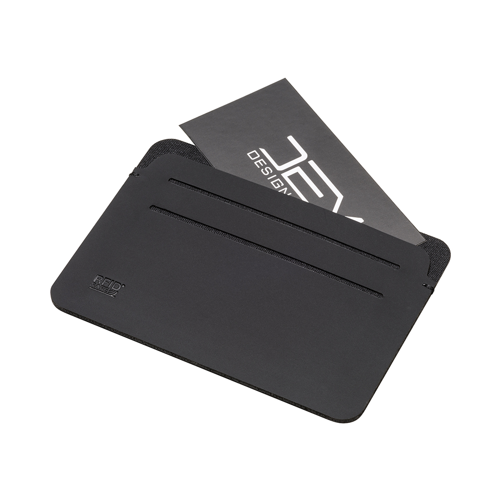 Anti-RFID card holder made of soft PU. With six card compartments and RFID logo Black