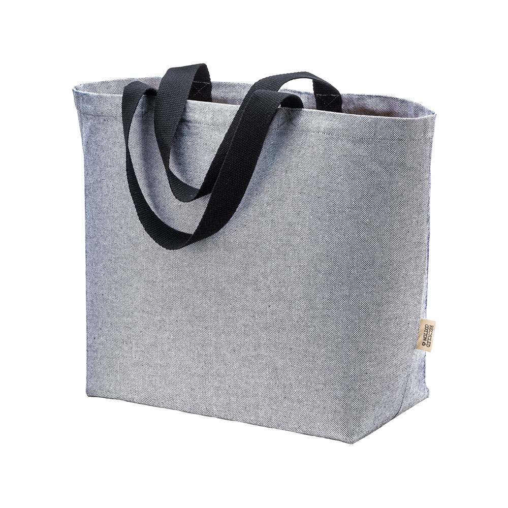 Recycled cotton bag 340 g/m2 with melange effect. Long colored handles and gusset Black