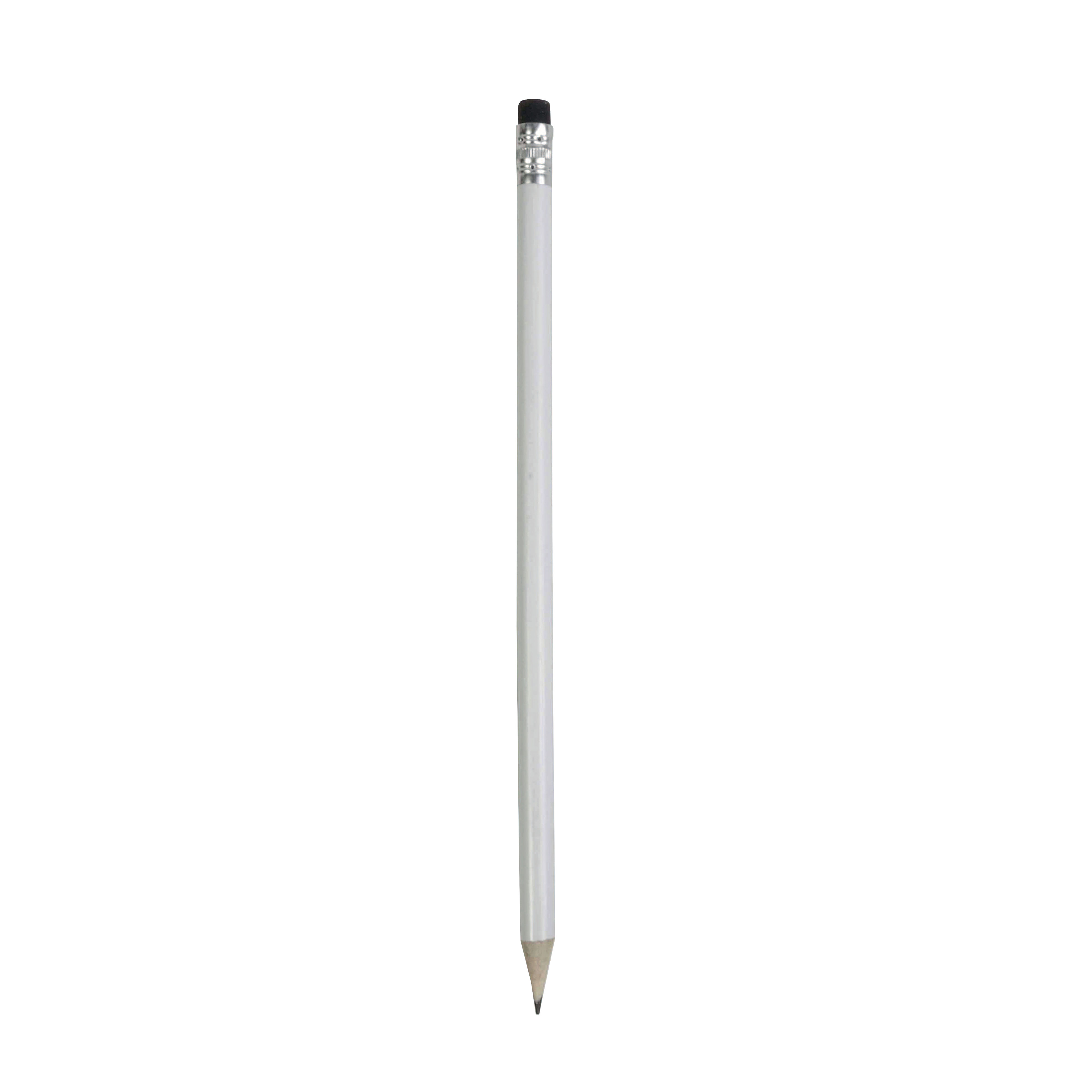 White wooden pencil with graphite lead, cylindrical cross-section and coloured rubber Black