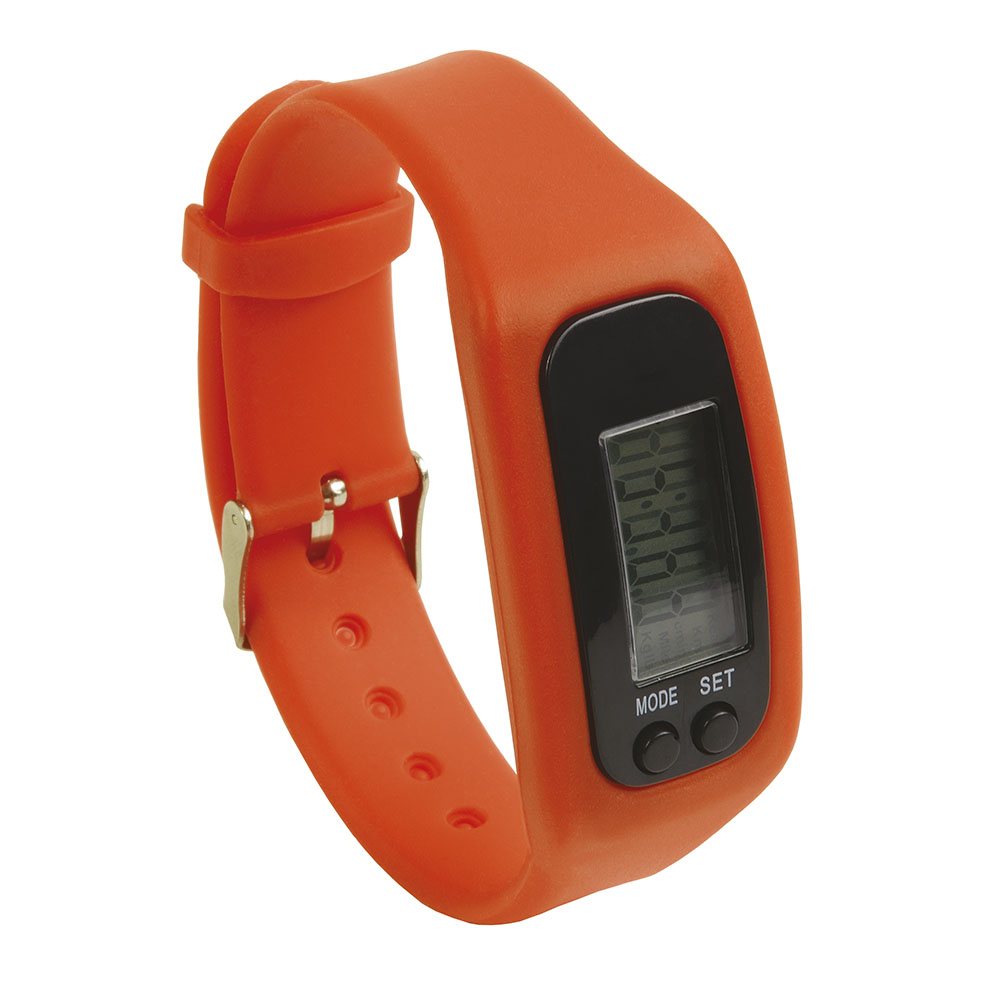Activity tracker: pedometer, calories burned, distance travelled, watch. Rubber bracelet Orange