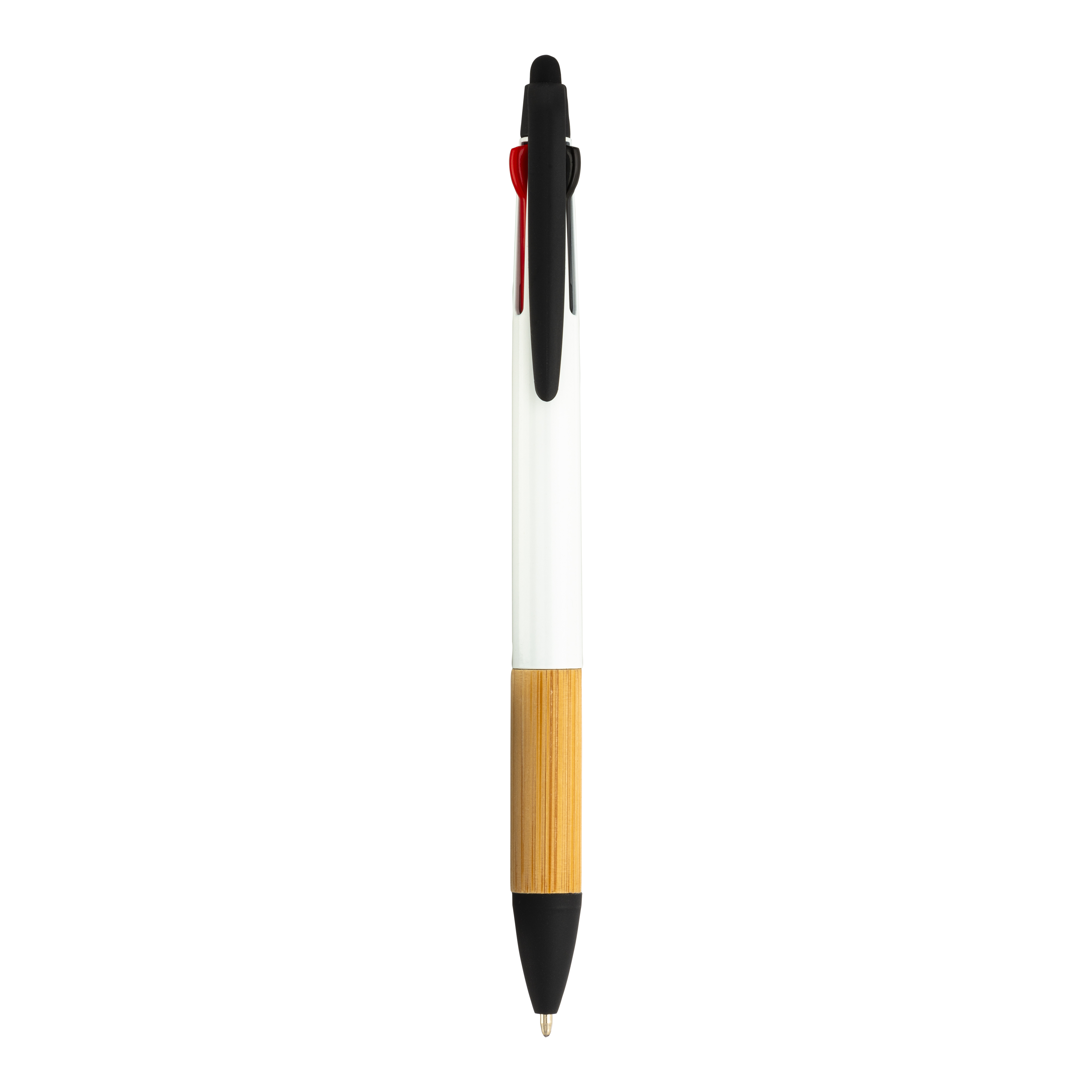 Plastic click pen with 3 refills, with touch screen rubber, bamboo grip White