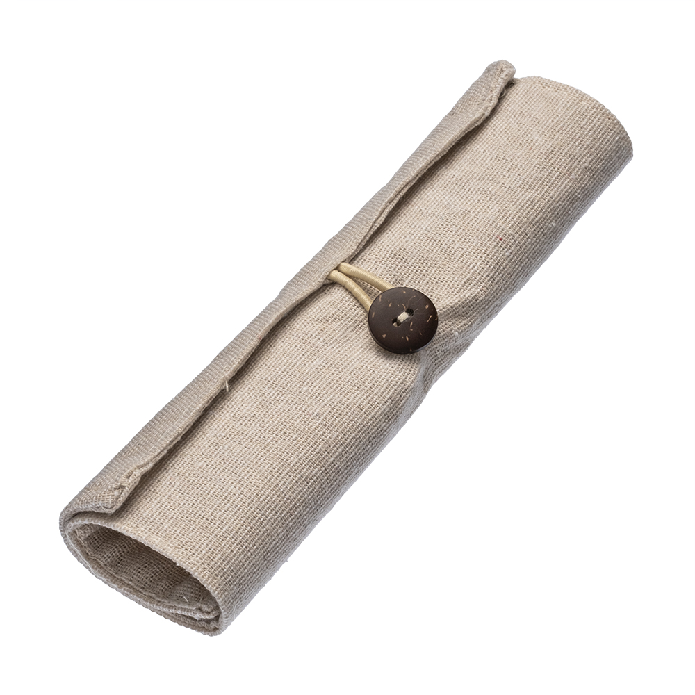 Roll-up cotton pencil case. Button and elastic closure Natural