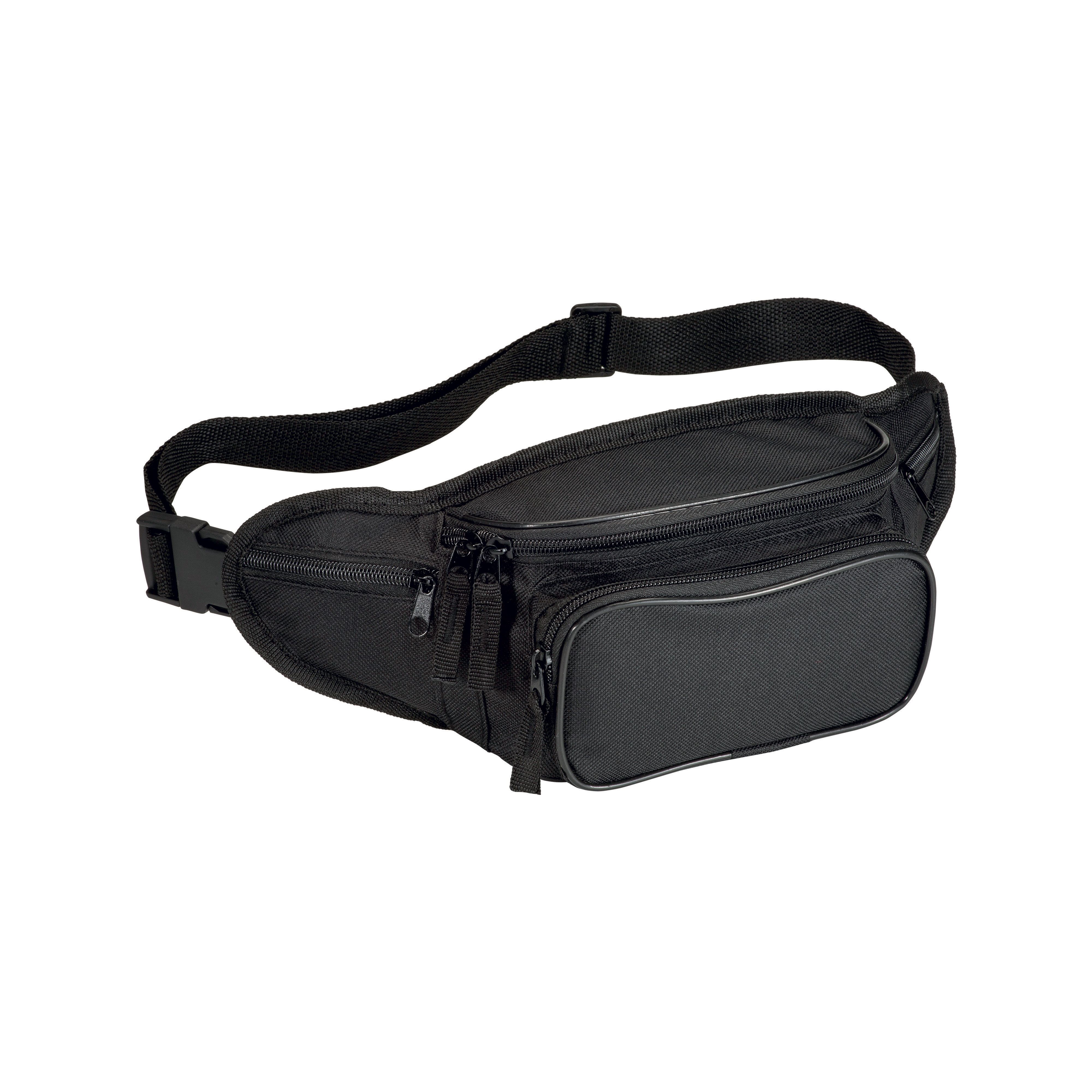 600D polyester 5-pocket waist bag with adjustable waist strap and clip closure Black