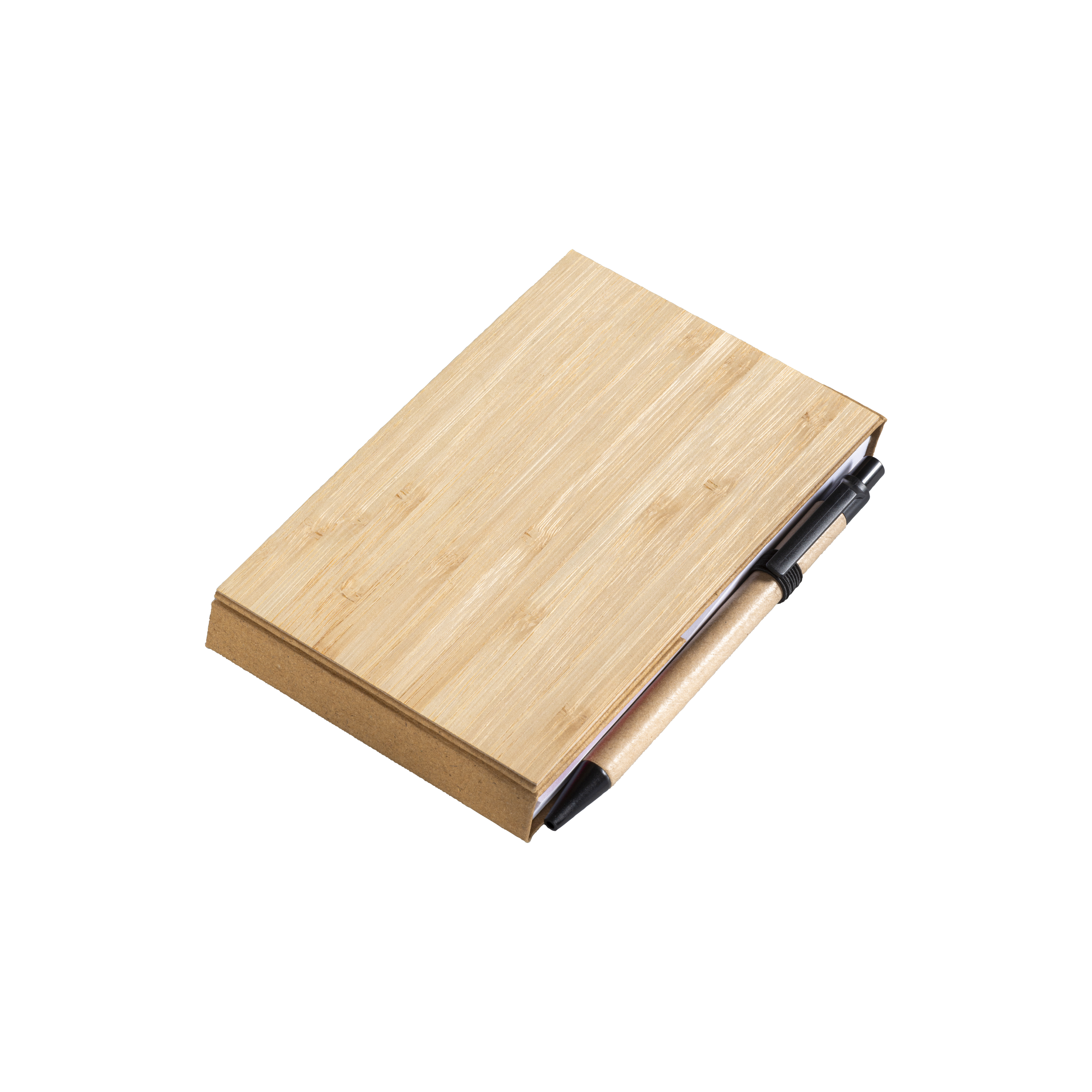 Notepad with bamboo cover (70 sheets), sticky notes, ballpen and phone holder. Natural